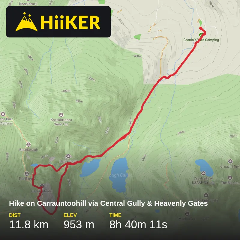 A map preview of the recording Hike on Carrauntoohill via Central Gully & Heavenly Gates.