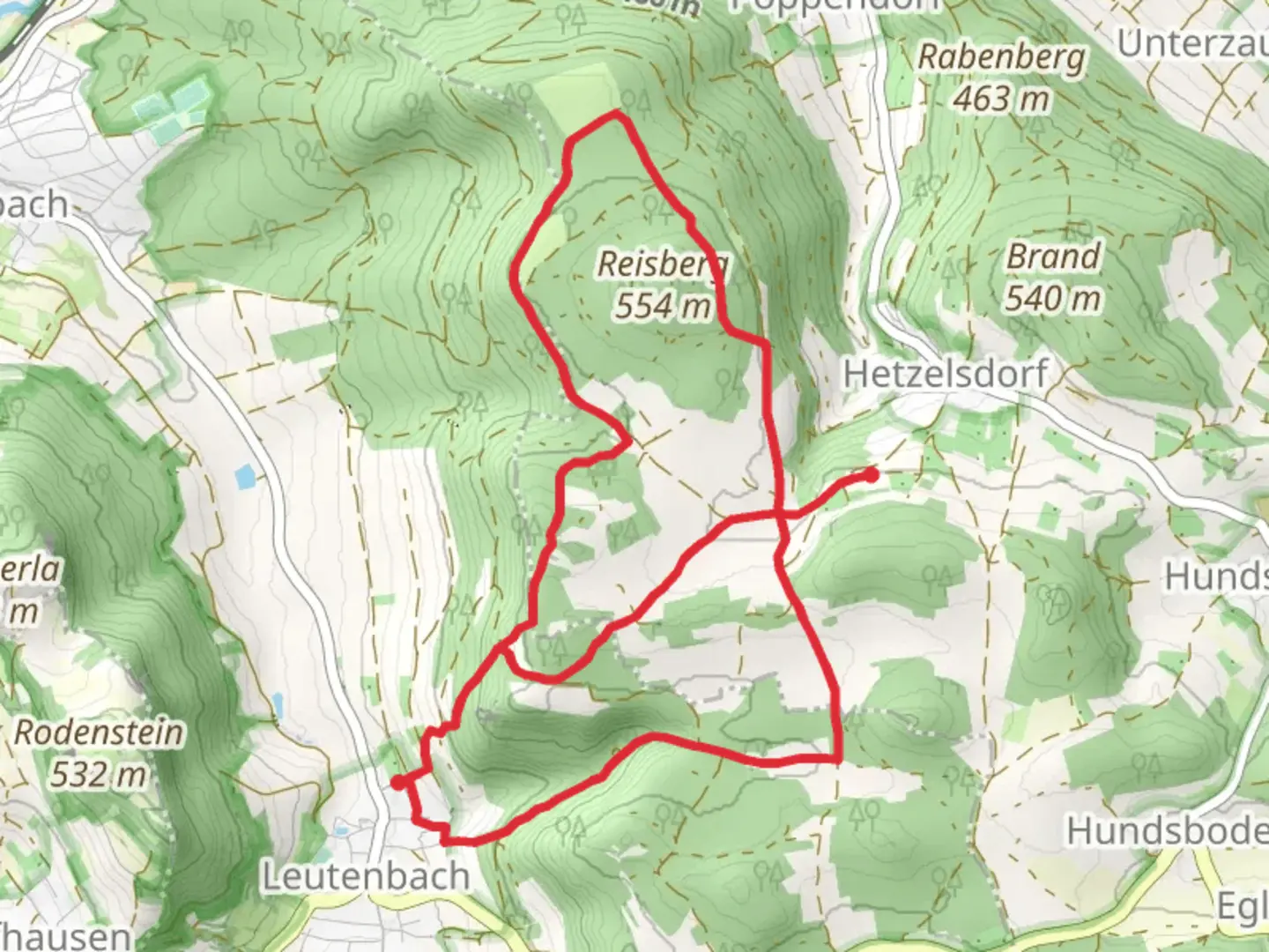An image depicting the trail Katzenstein, Kuppelholz, and Helzelsdorfer Wald Loop and its surrounding area.