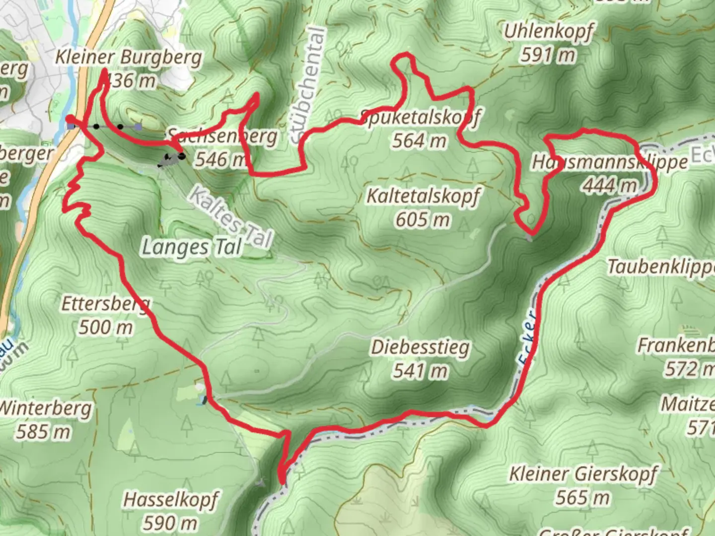 An image depicting the trail Burgerg, Sachsenberg and Ettersberg Loop and its surrounding area.