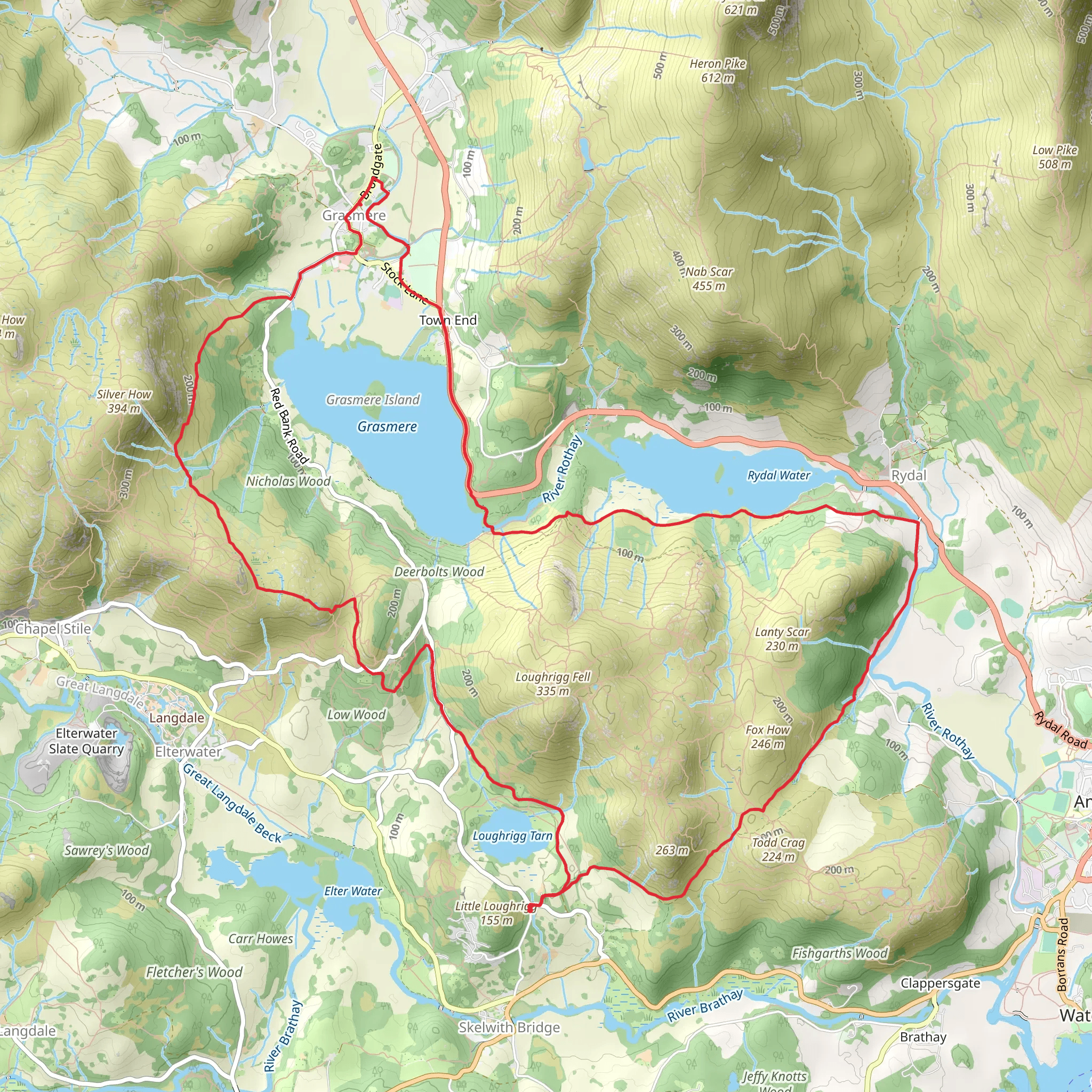 Loughrigg Tarn, Grasmere, Rydal Water and Fieldfoot Wood Loop mobile static map