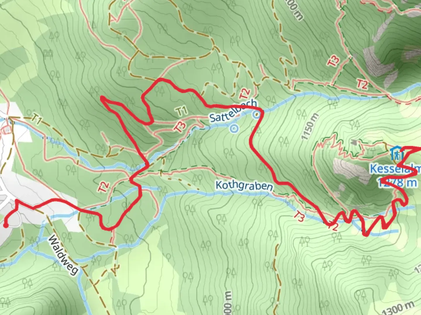 An image depicting the trail Kesselalm via Wanderweg and its surrounding area.