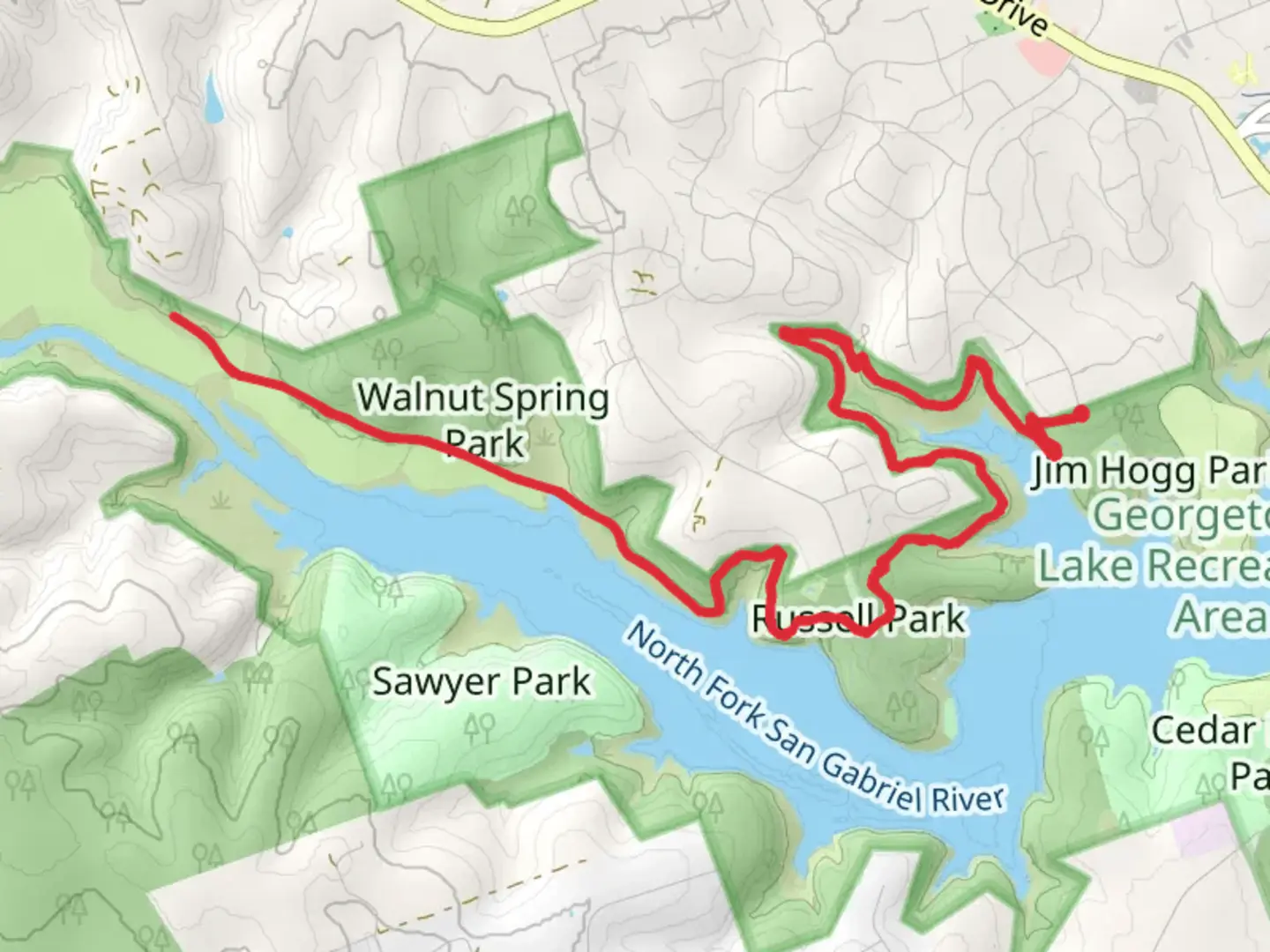 An image depicting the trail Russel Park - San Gabriel River Out and Back and its surrounding area.