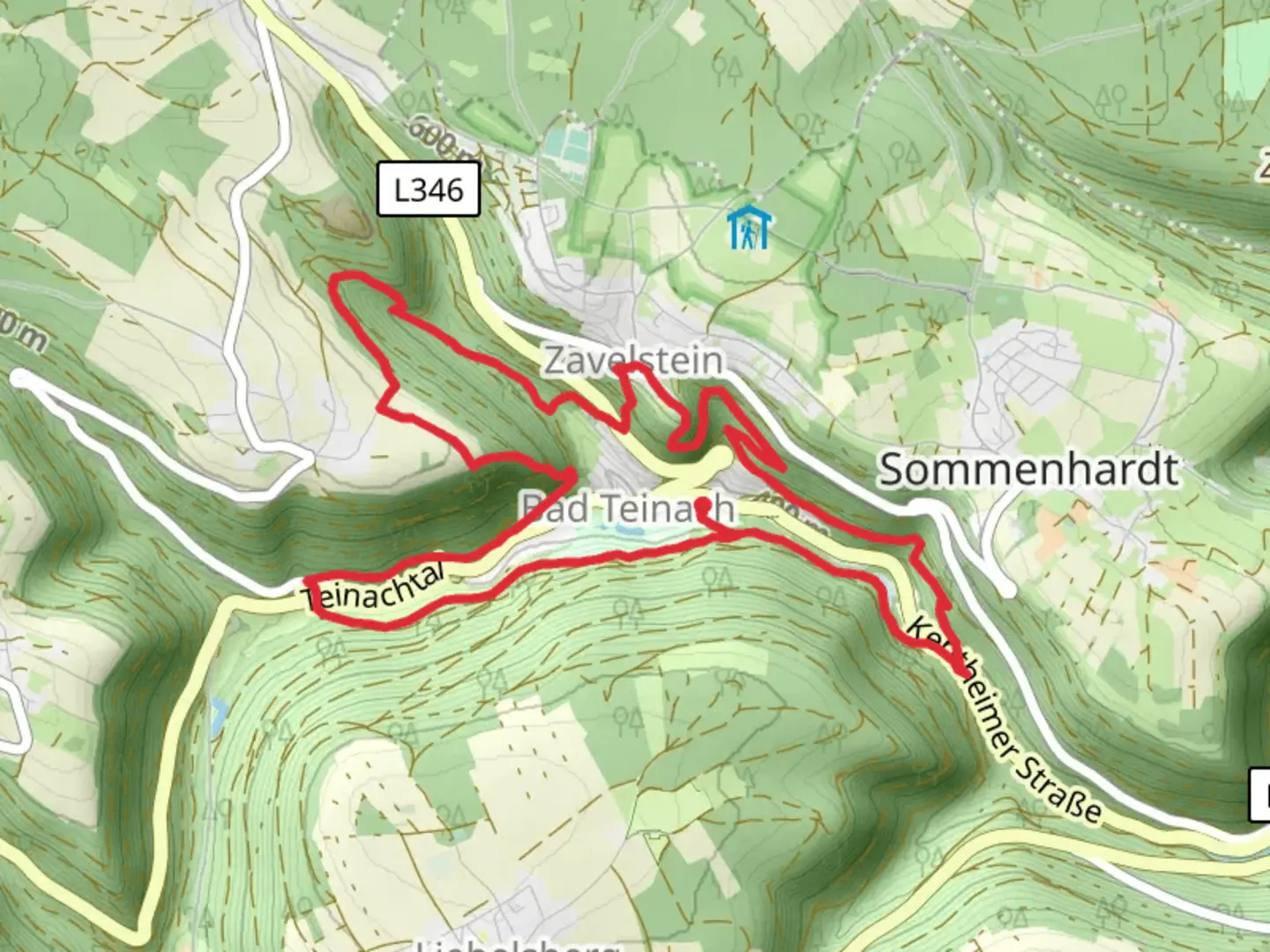 An image depicting the trail Schlossberghutte Weihreute and Mathildenhoehe Loop and its surrounding area.