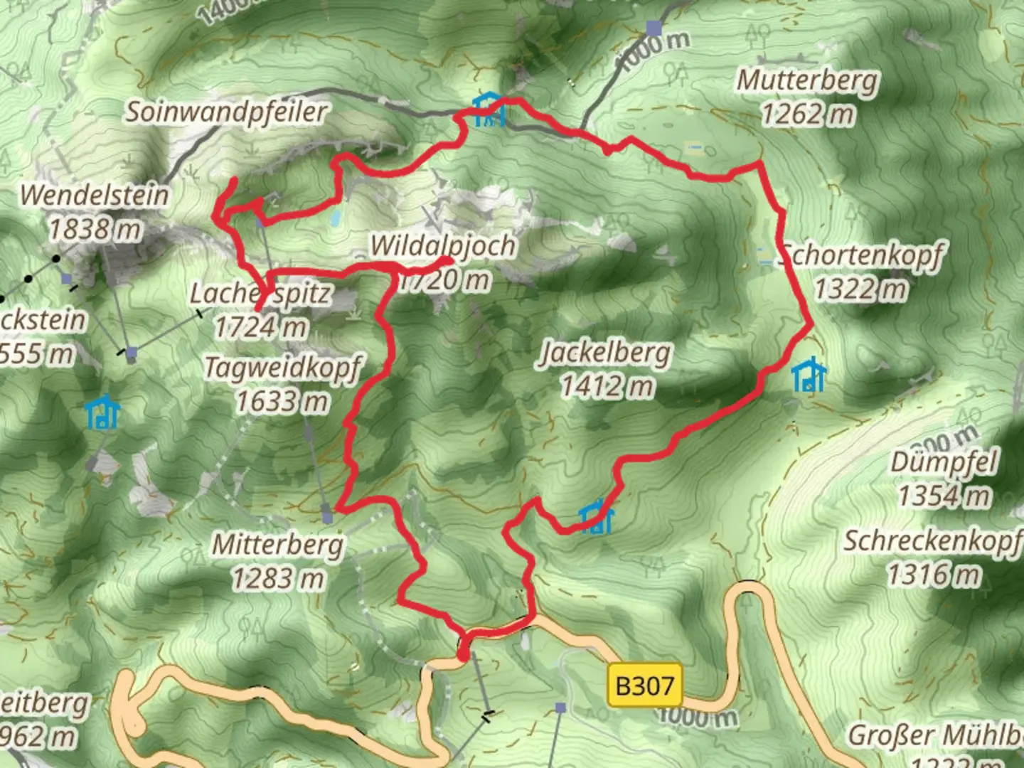 An image depicting the trail Wildalpjoch via Sudelfeld Lacherspitz and its surrounding area.