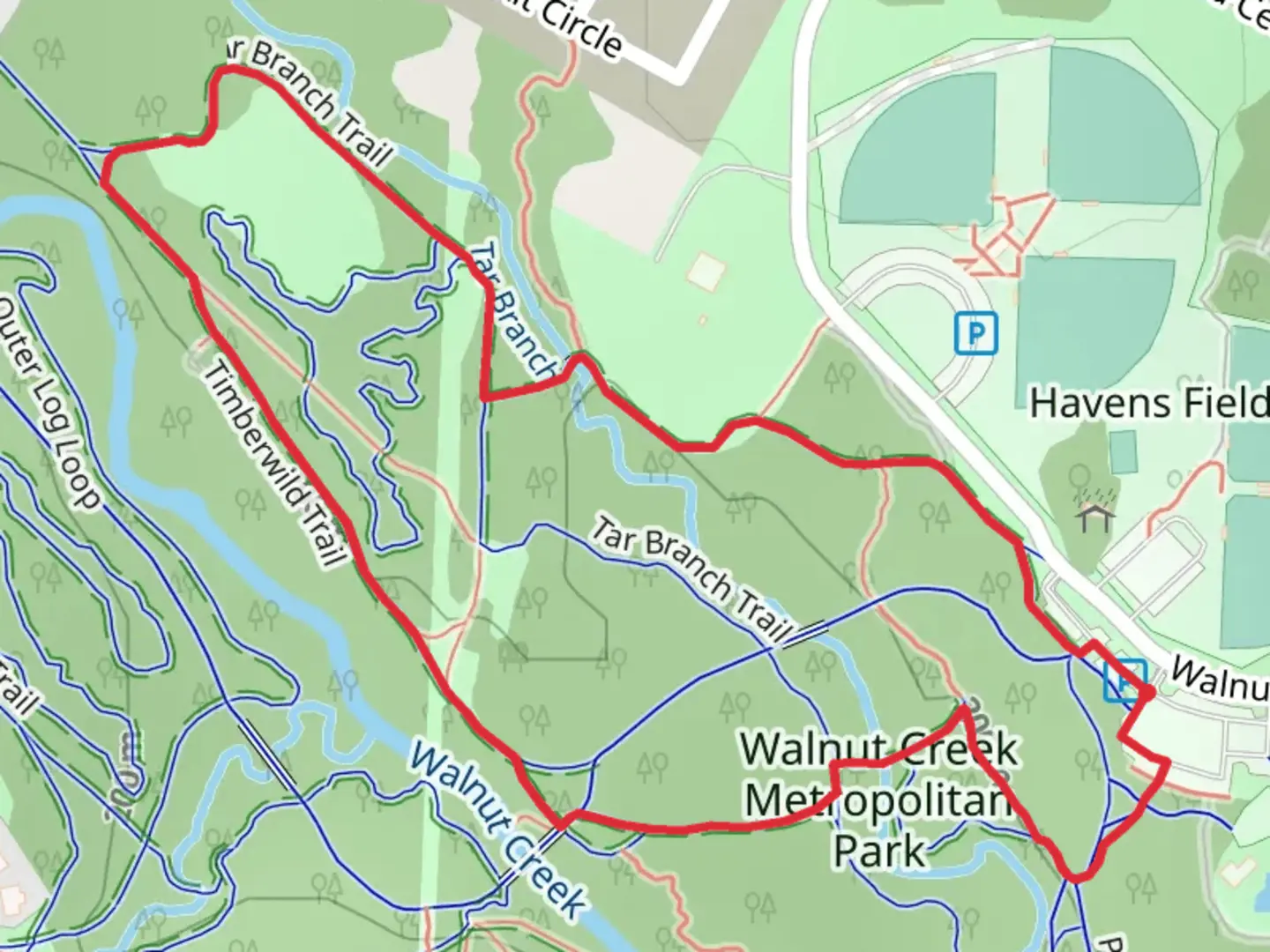 An image depicting the trail Walnut Creek Metropolitan Park Loop and its surrounding area.