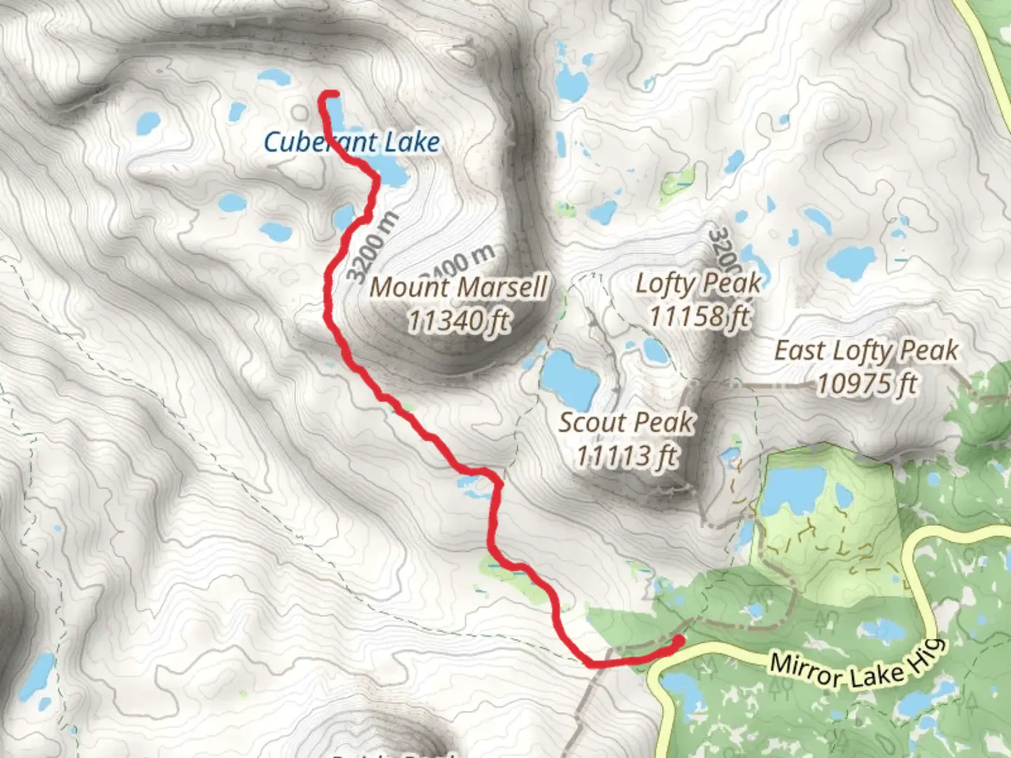 An image depicting the trail Cuberant Lake via Mainver Trail and its surrounding area.