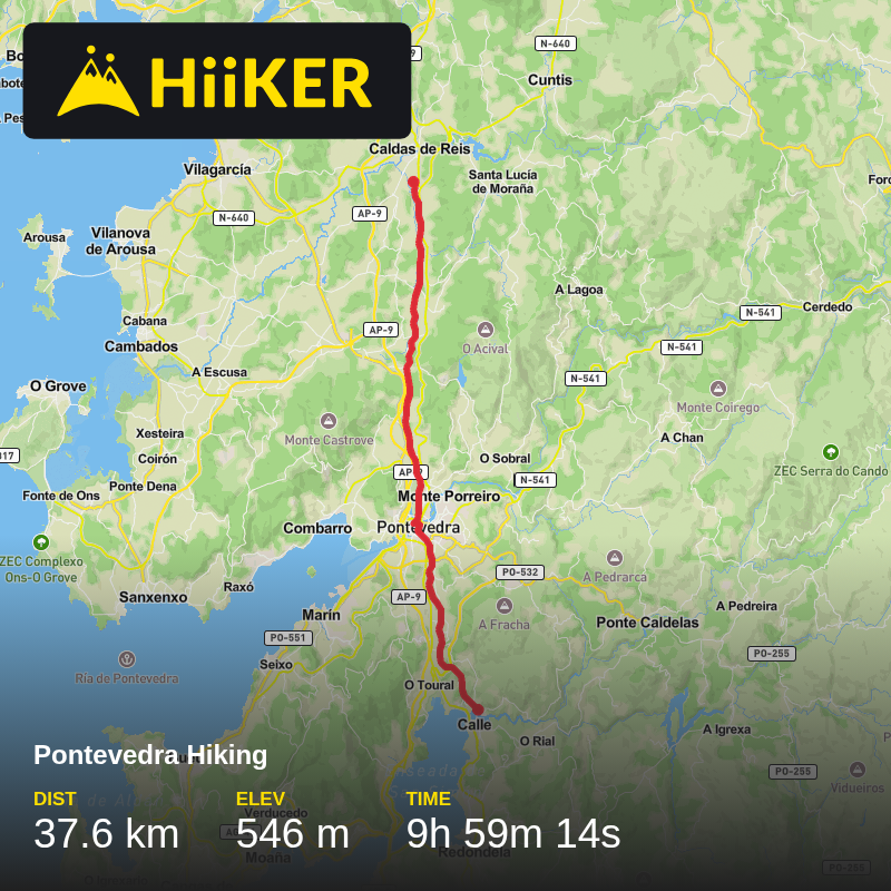 A map preview of the recording Pontevedra Hiking.