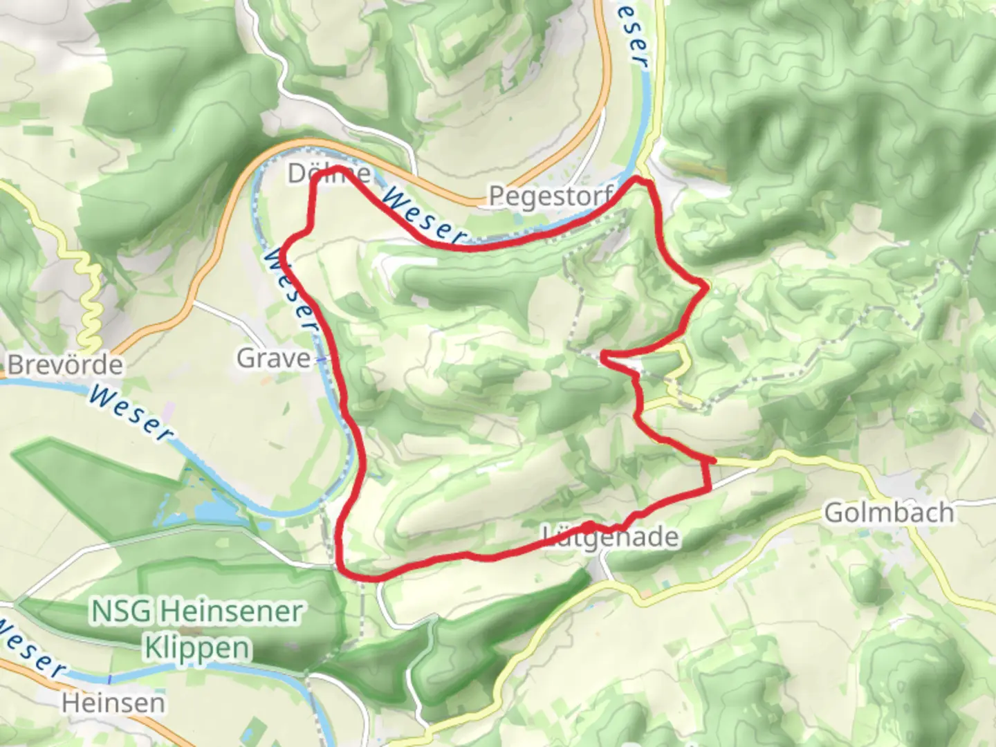 An image depicting the trail Lutgenade and Ruhle Loop via Weser and its surrounding area.