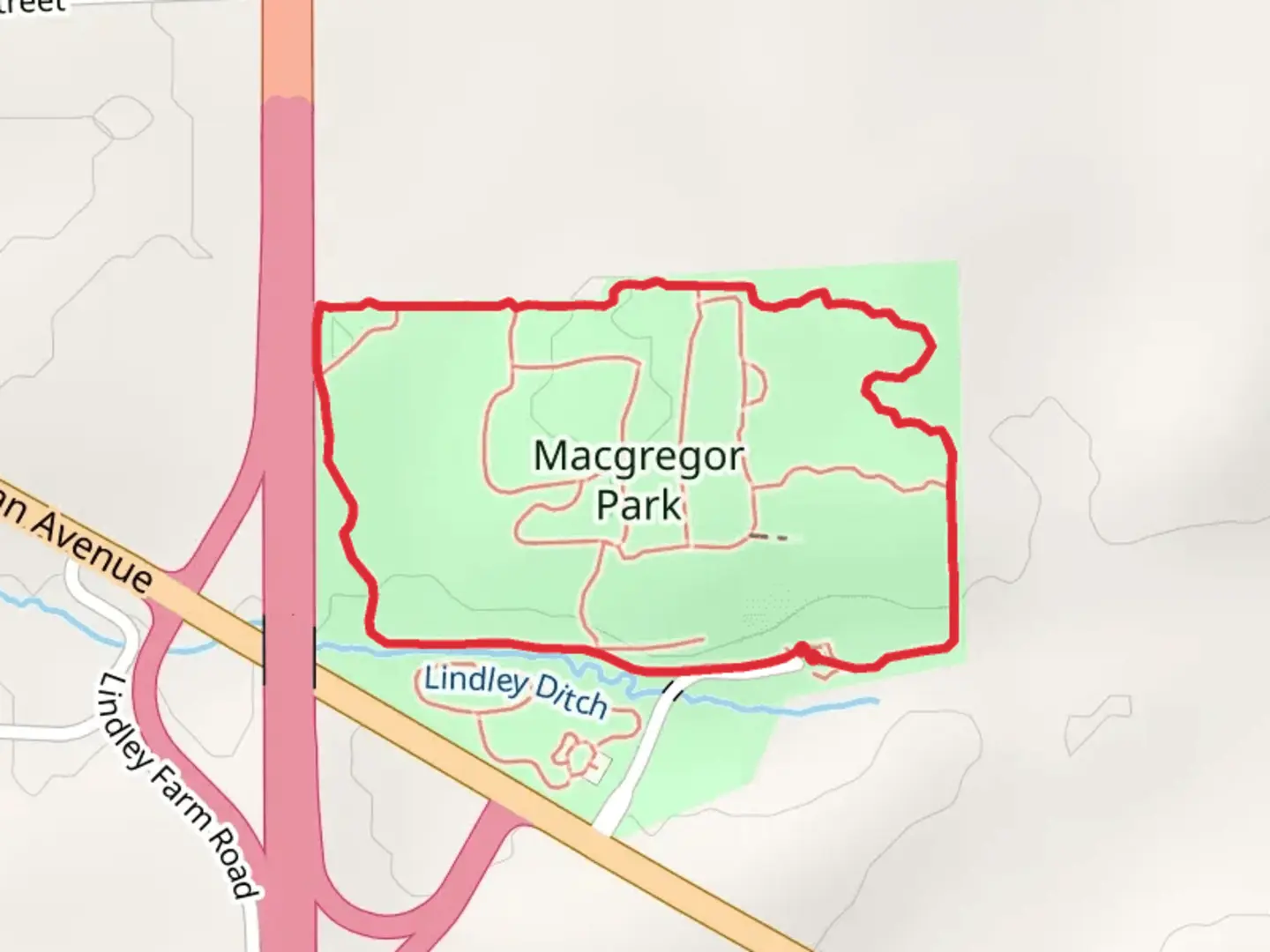 An image depicting the trail Macgregor Park Loop and its surrounding area.