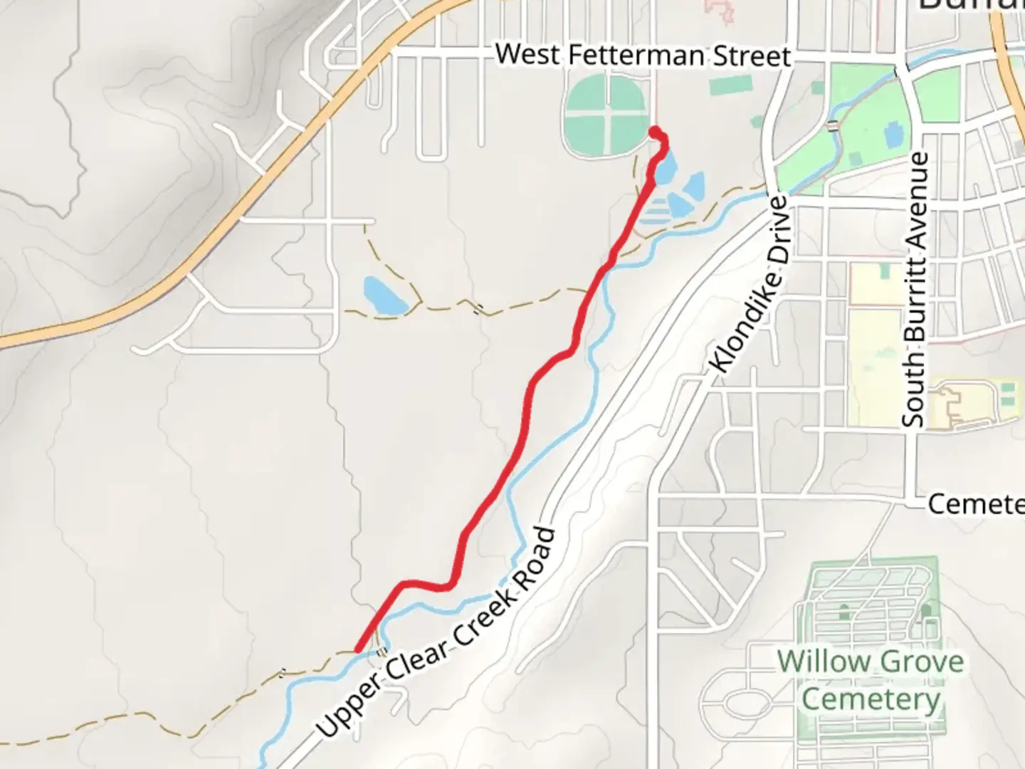An image depicting the trail Clear Creek from South Cedar Street and its surrounding area.