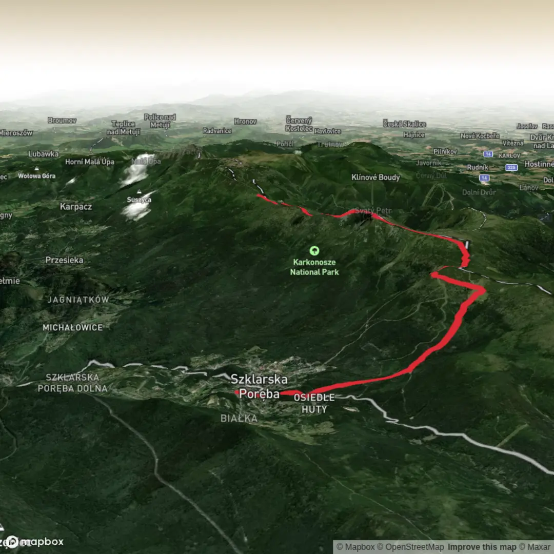 An image depicting the trail Hike from Szklarska Poręba to Odrodzenie and its surrounding area.