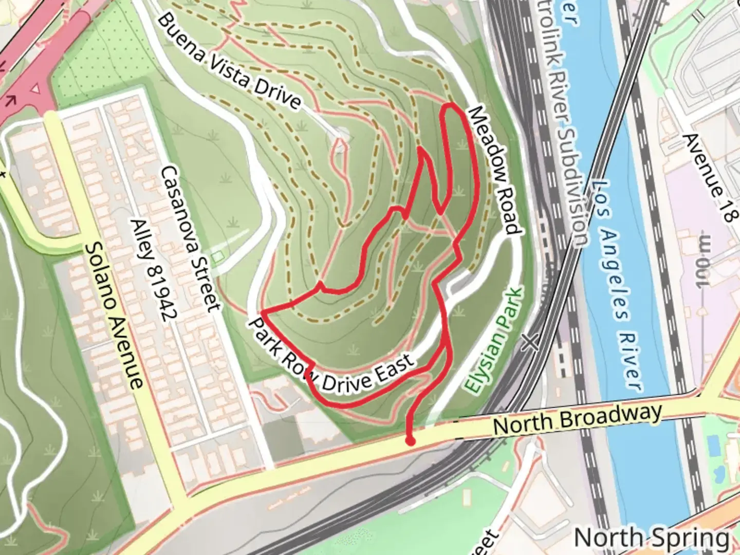 An image depicting the trail Park Row Drive East Loop and its surrounding area.