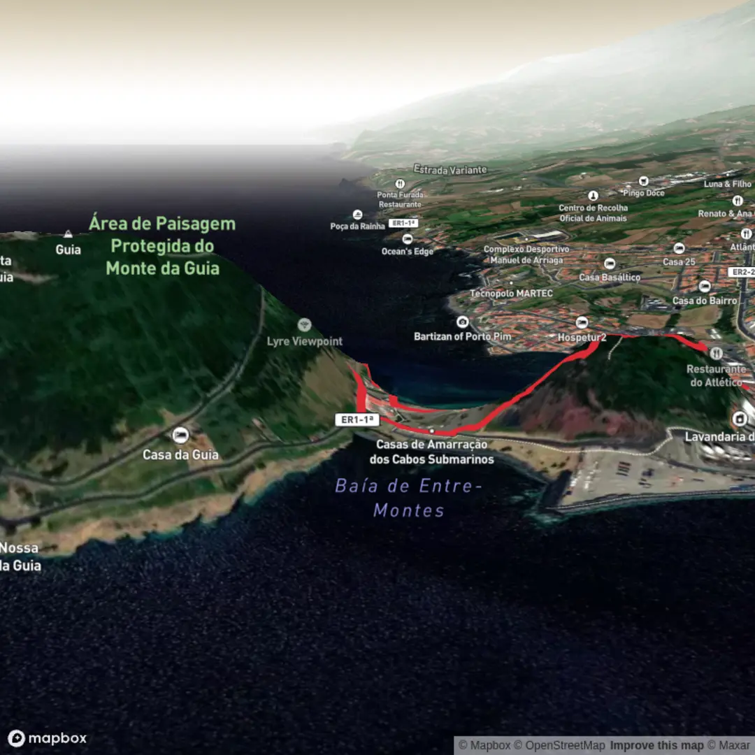 An image depicting the trail Lyre Viewpoint, Praia de Porto Pim and Monte Queimado Loop and its surrounding area.