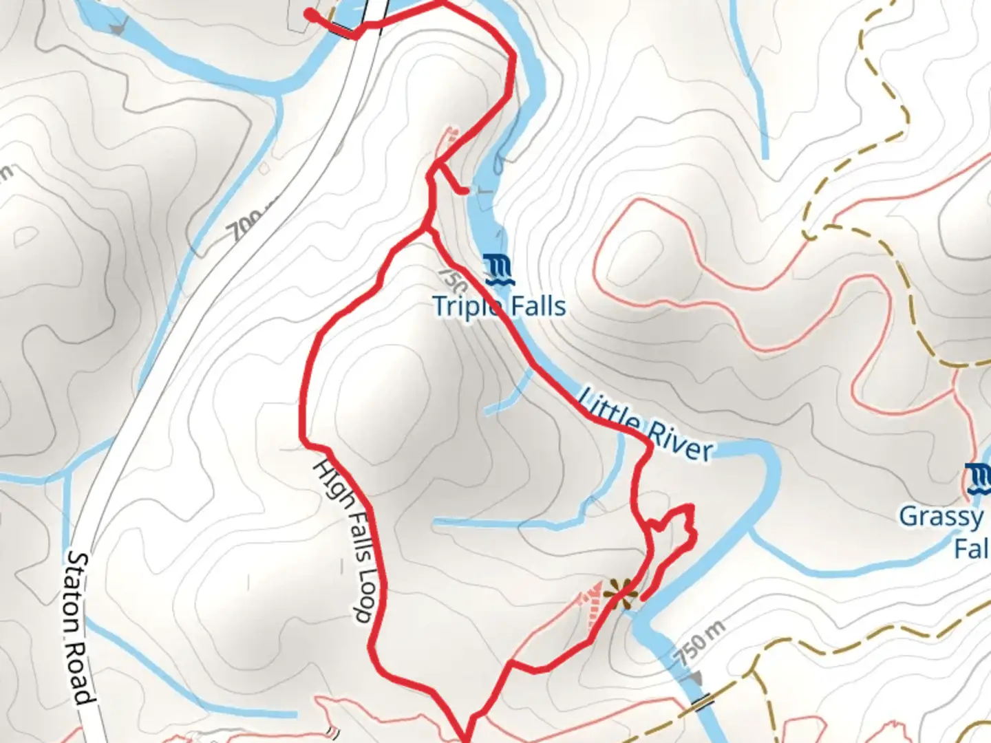 An image depicting the trail High Falls and Triple Falls Loop Trail and its surrounding area.