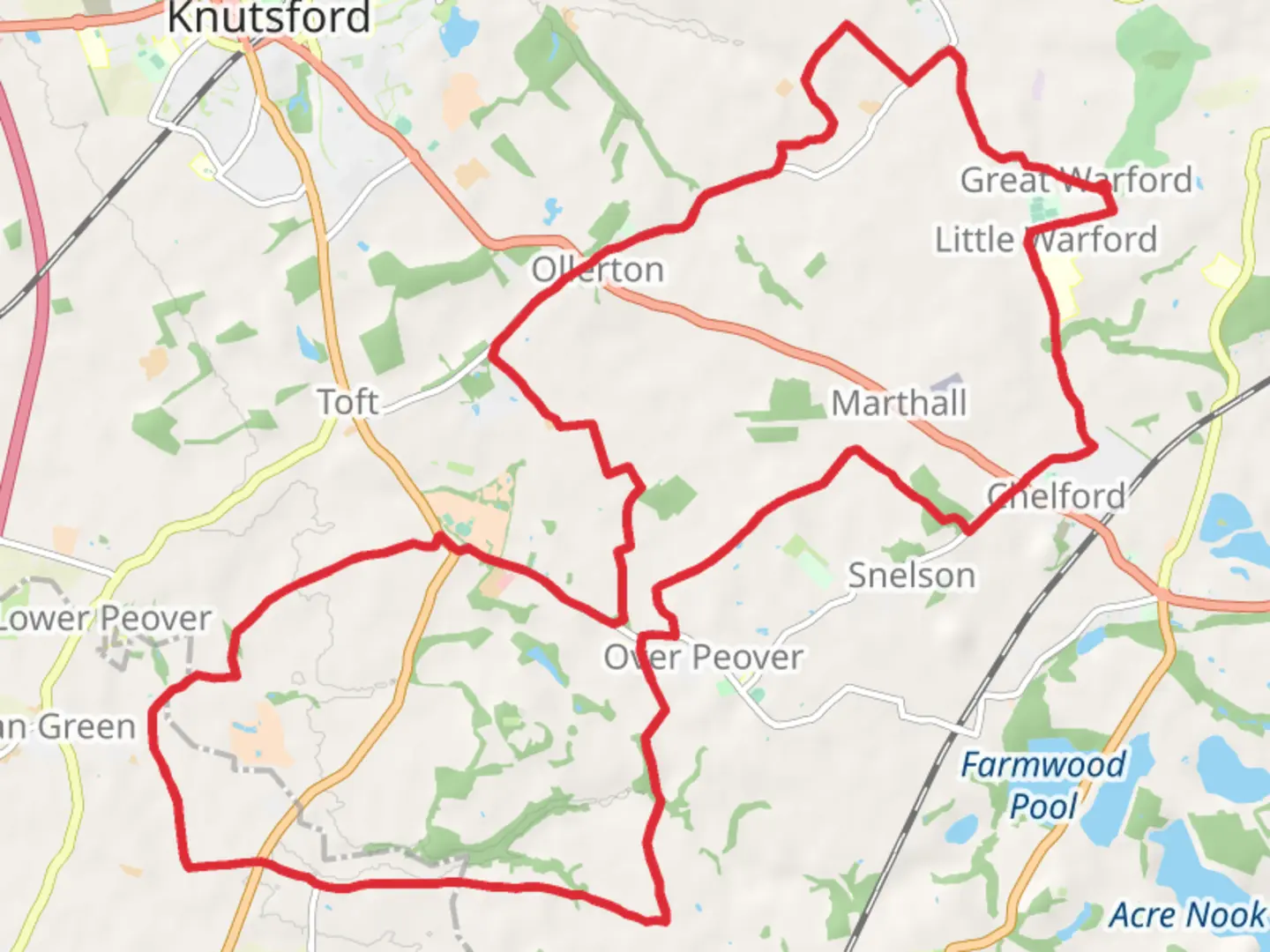 An image depicting the trail Great Warford, Chelford and Boots Green Loop Walk and its surrounding area.