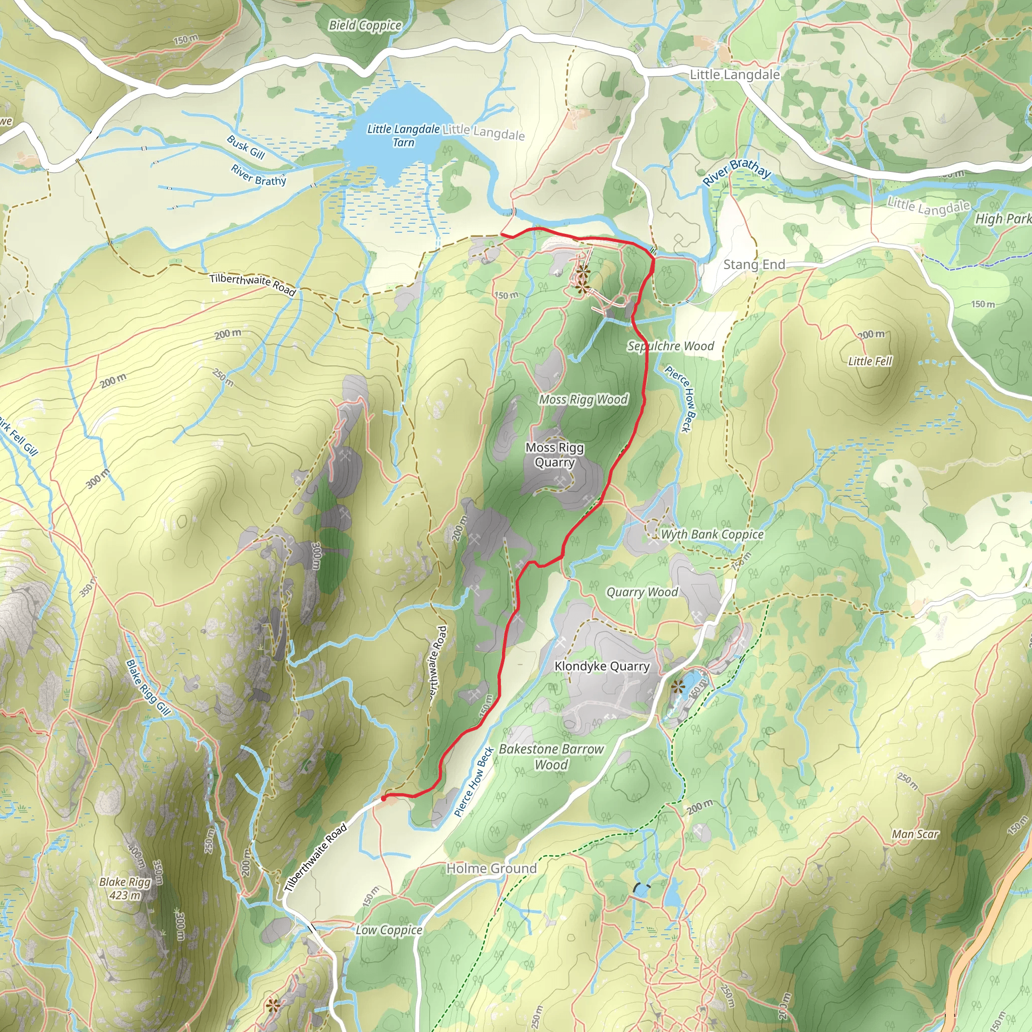 High Tilberthwaite to Moss Rigg Wood and Slater Bridge Walk mobile static map