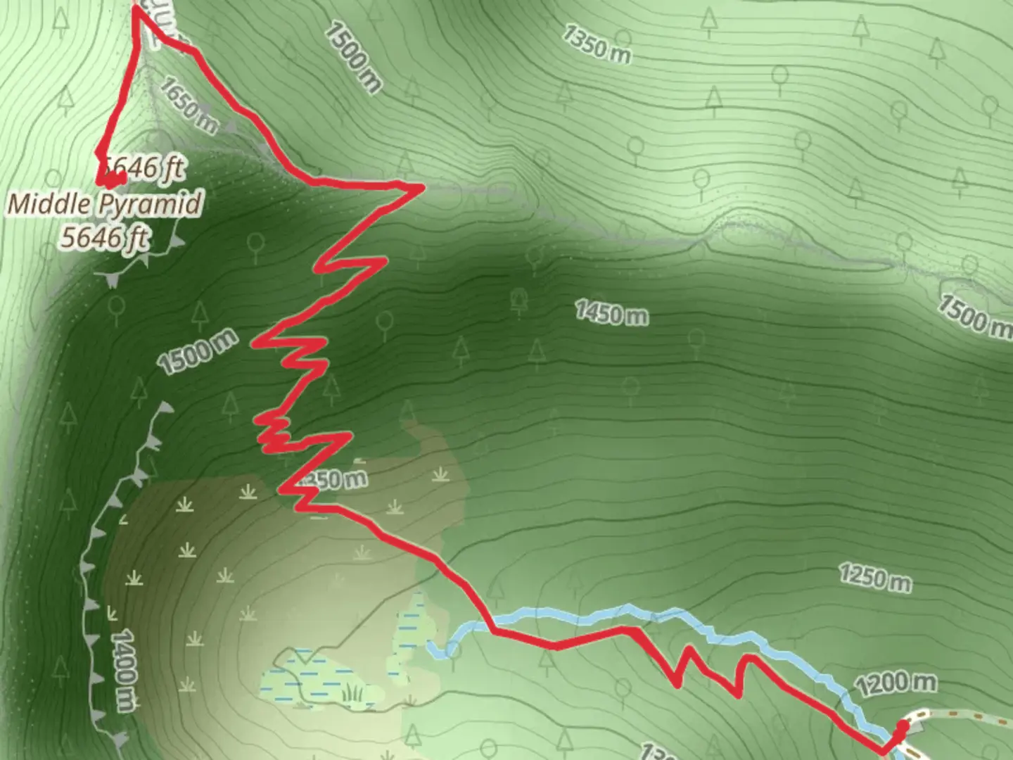 An image depicting the trail Middle Pyramid via Pyramids Trail and its surrounding area.