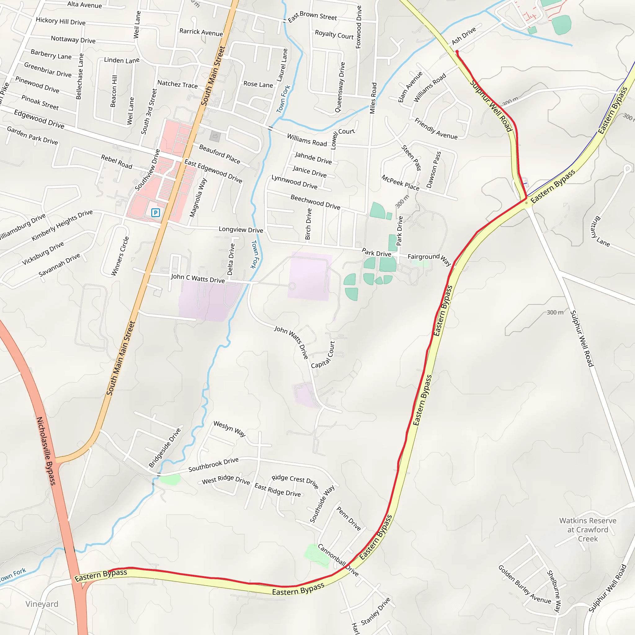 Walk along Sulphur Well Road and Eastern Bypass mobile static map