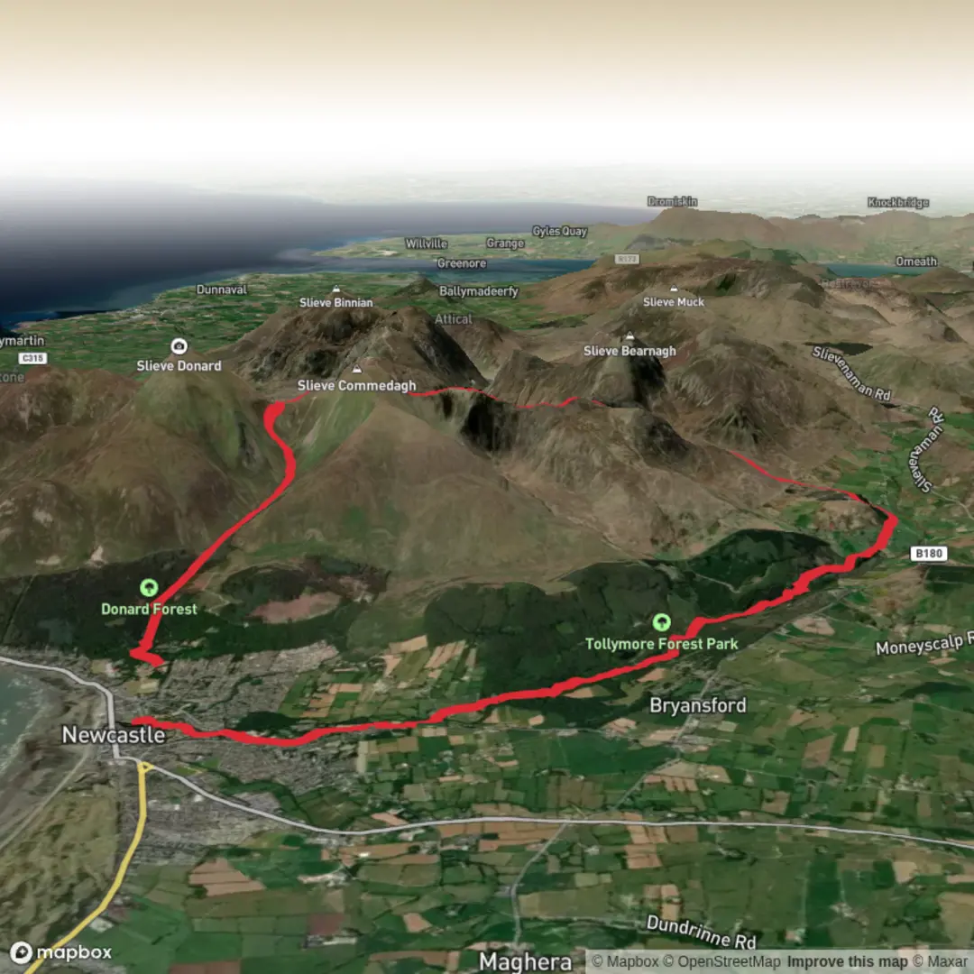An image depicting the trail Slieve naglogh, Slieve corragh and Slieve Commedagh and its surrounding area.
