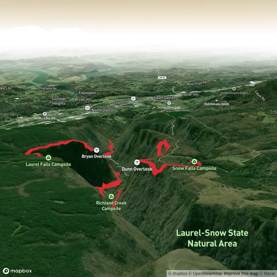An image depicting the trail Dunn Overlook, Snow Falls, Laurel Falls and Bryan Overlook and its surrounding area.