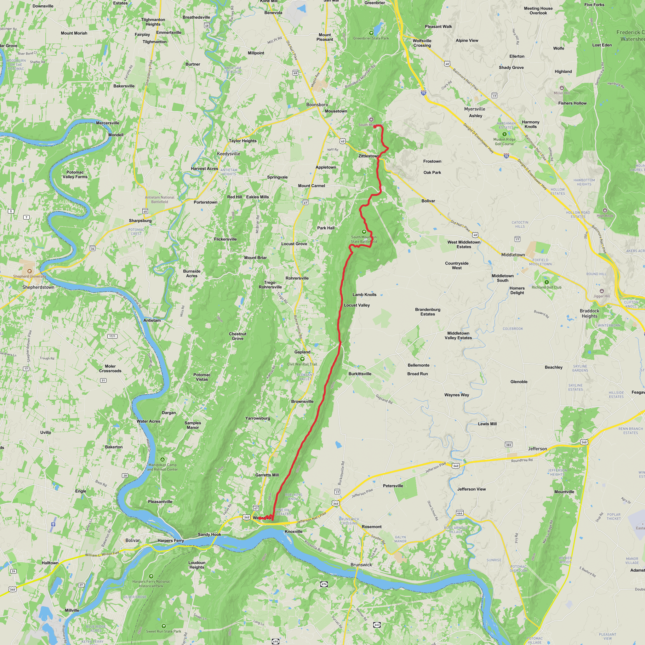 Washington Monument to Weverton Cliffs mobile static map