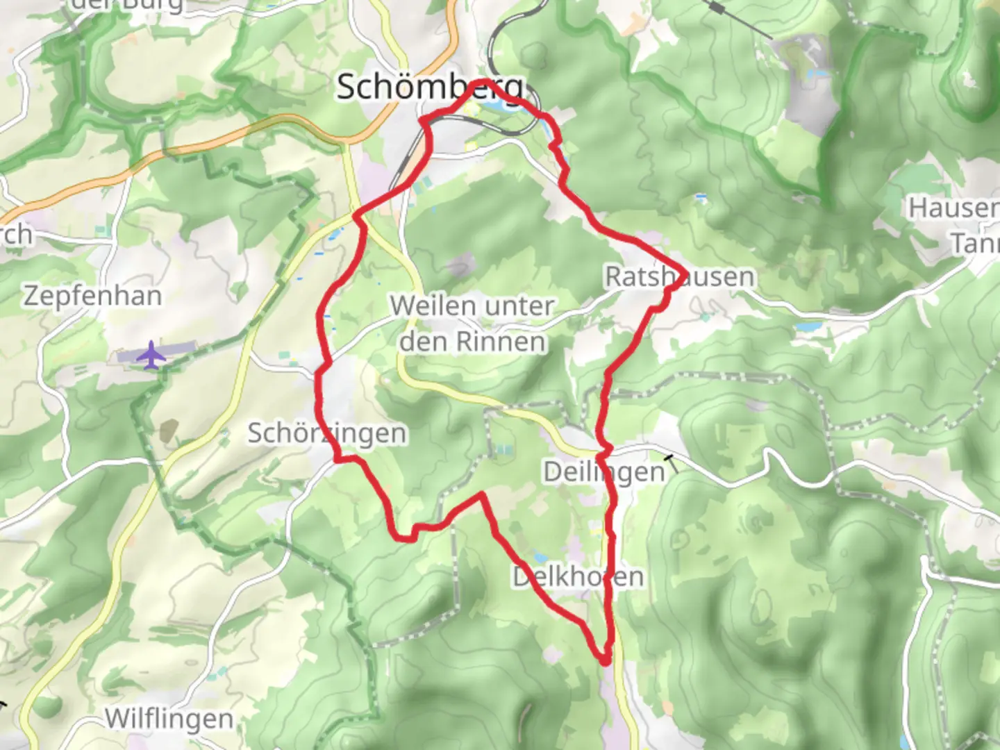 An image depicting the trail Deilingen and Schlichemtalsperre Loop and its surrounding area.