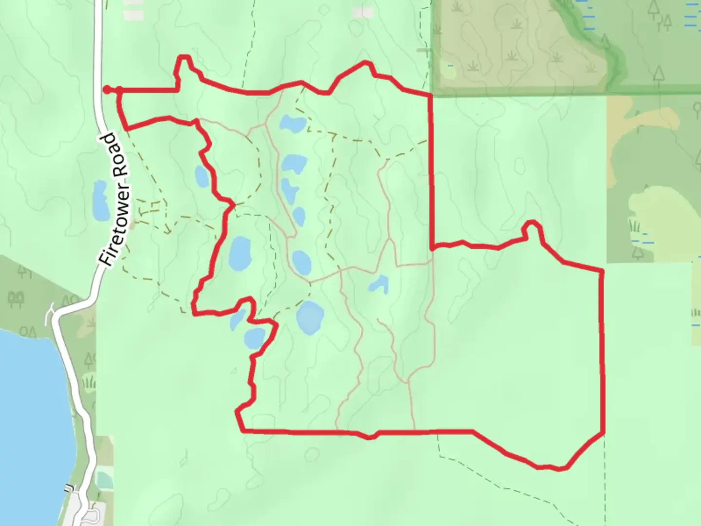 An image depicting the trail Firetower Road Loop and its surrounding area.