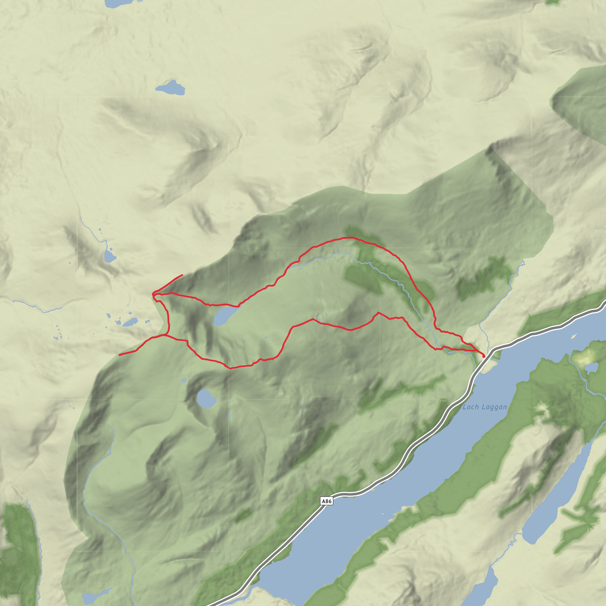 Lochan a' Choire, Stob Poite Coire Ardair, Creag Meagaidh, Puist Coire Ardair and Sron a' Choire Loop from Loch Laggan mobile static map