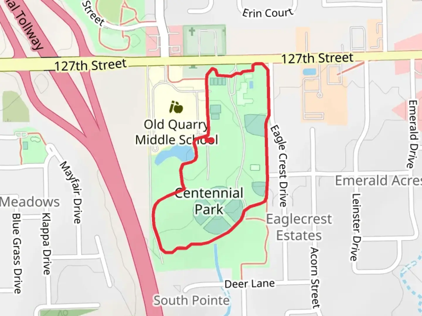 An image depicting the trail Centennial Park Long Loop and its surrounding area.