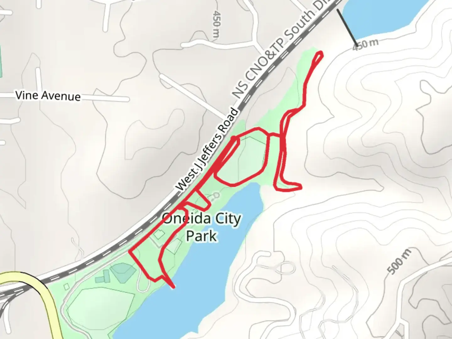 An image depicting the trail Oneida City Park Loop and its surrounding area.