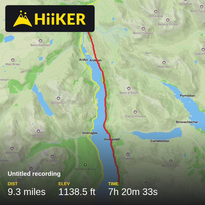 A map preview of the recording Loch Lomond section unfortunately hiker stoped working half way through .