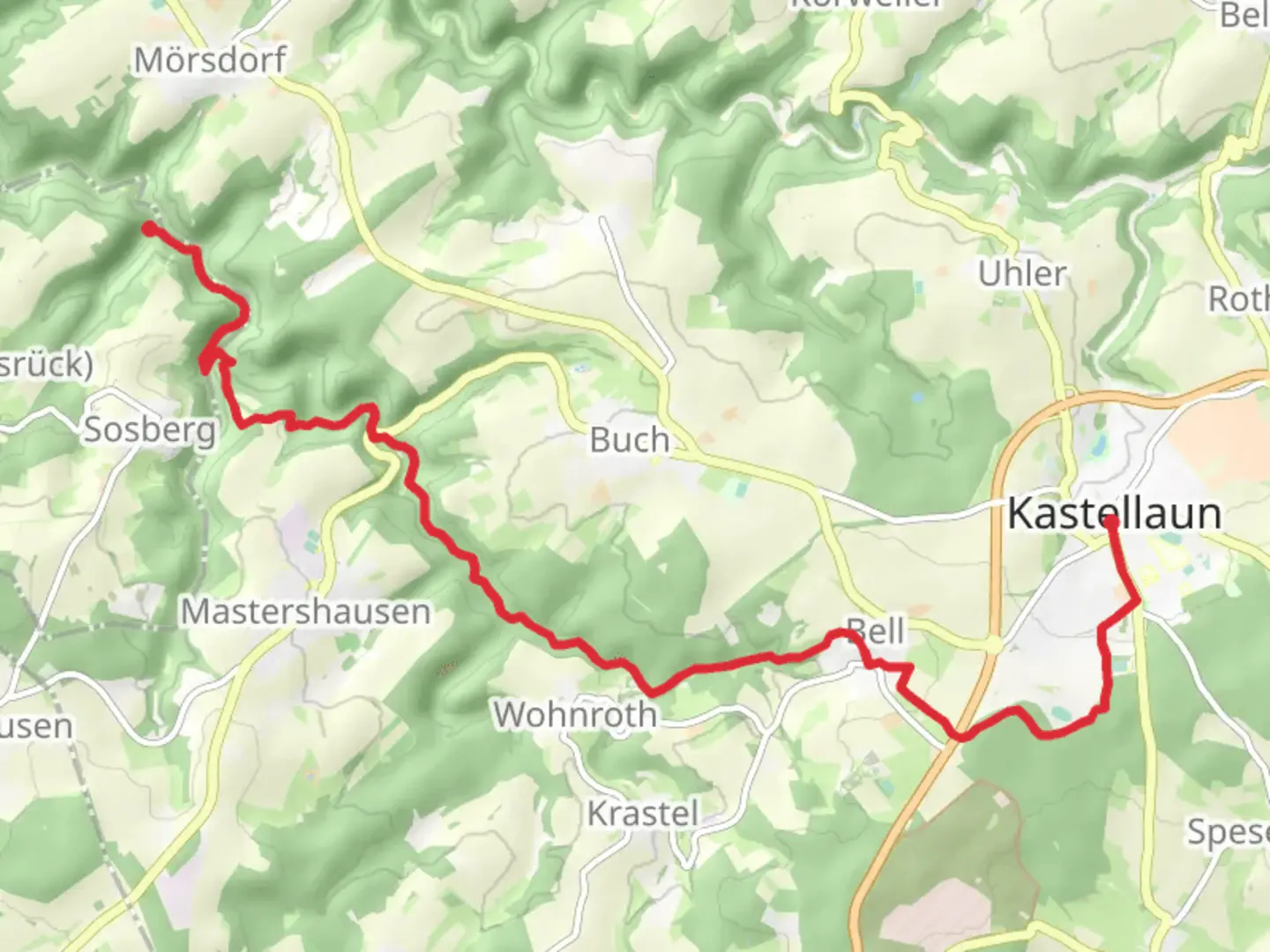 An image depicting the trail Stefelsberg to Kastellaun via Saar Hunsruecke Steig and its surrounding area.