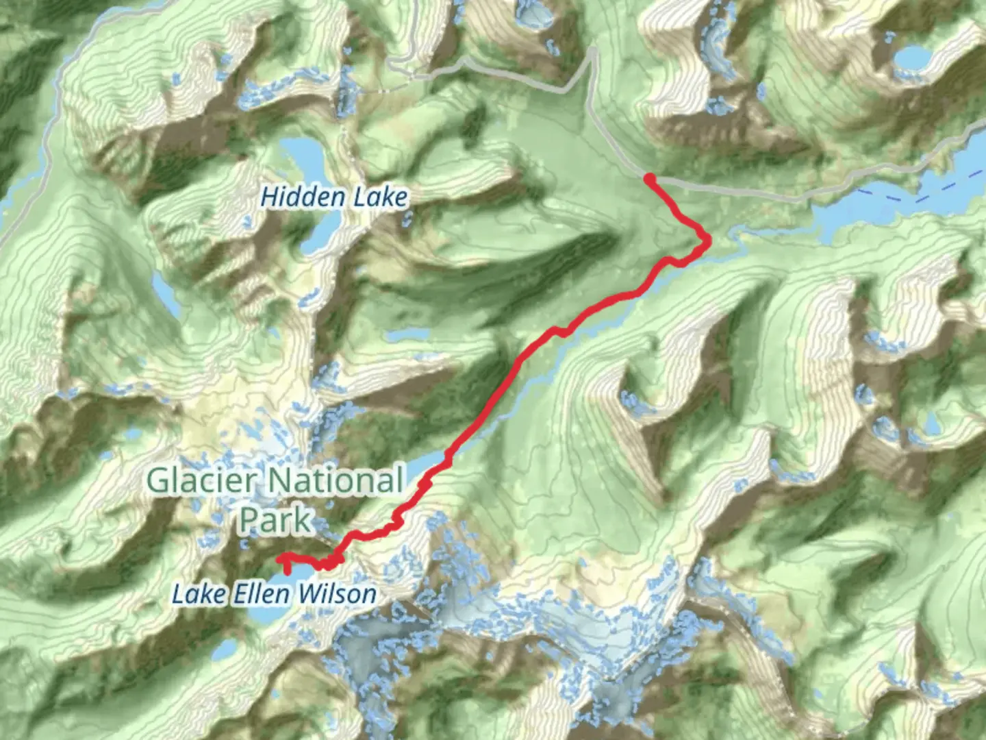 An image depicting the trail Lake Ellen Wilson and Gunsight Lake via Piegan Pass and its surrounding area.