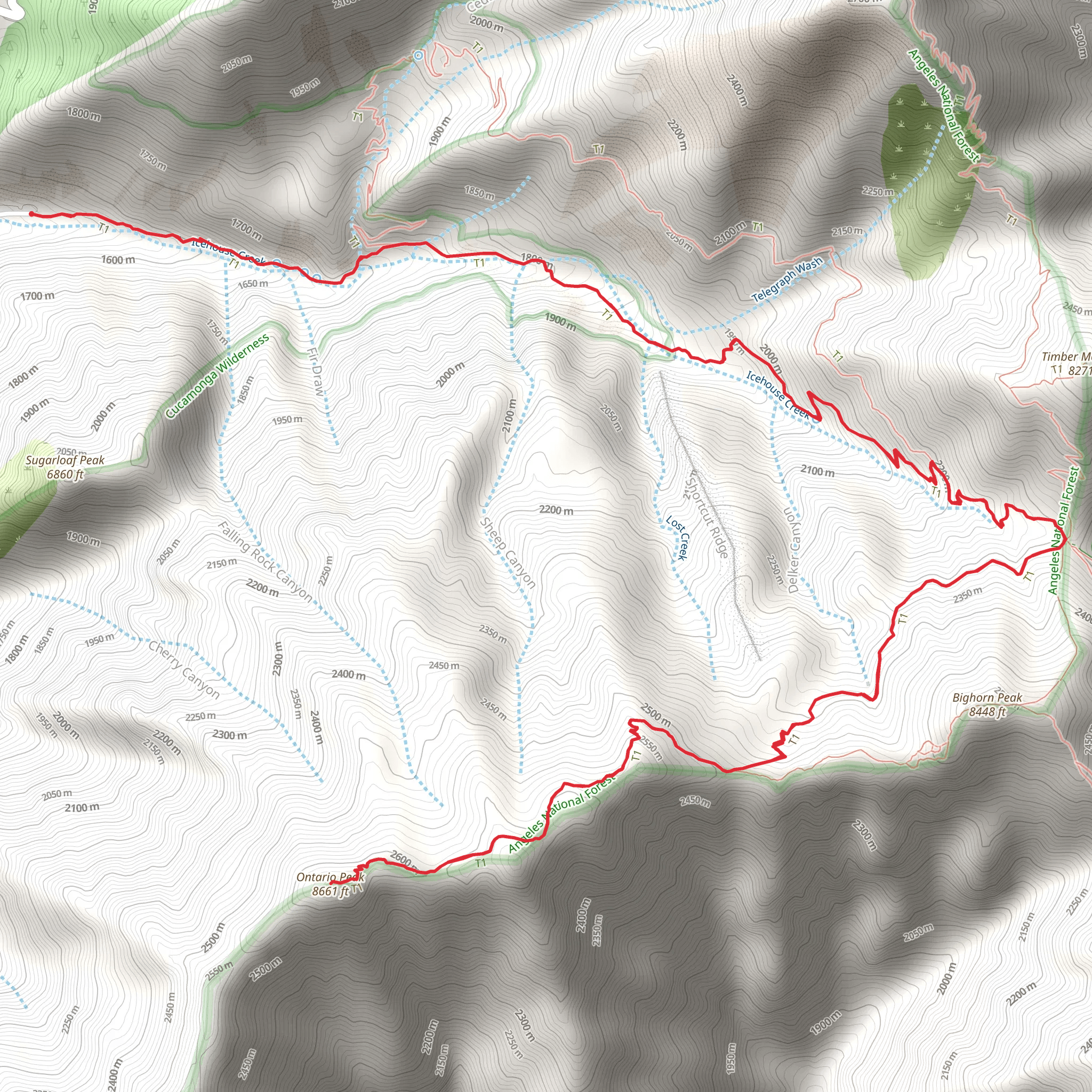 Ontario Peak and Icehouse Saddle via Icehouse Canyon Trail mobile static map