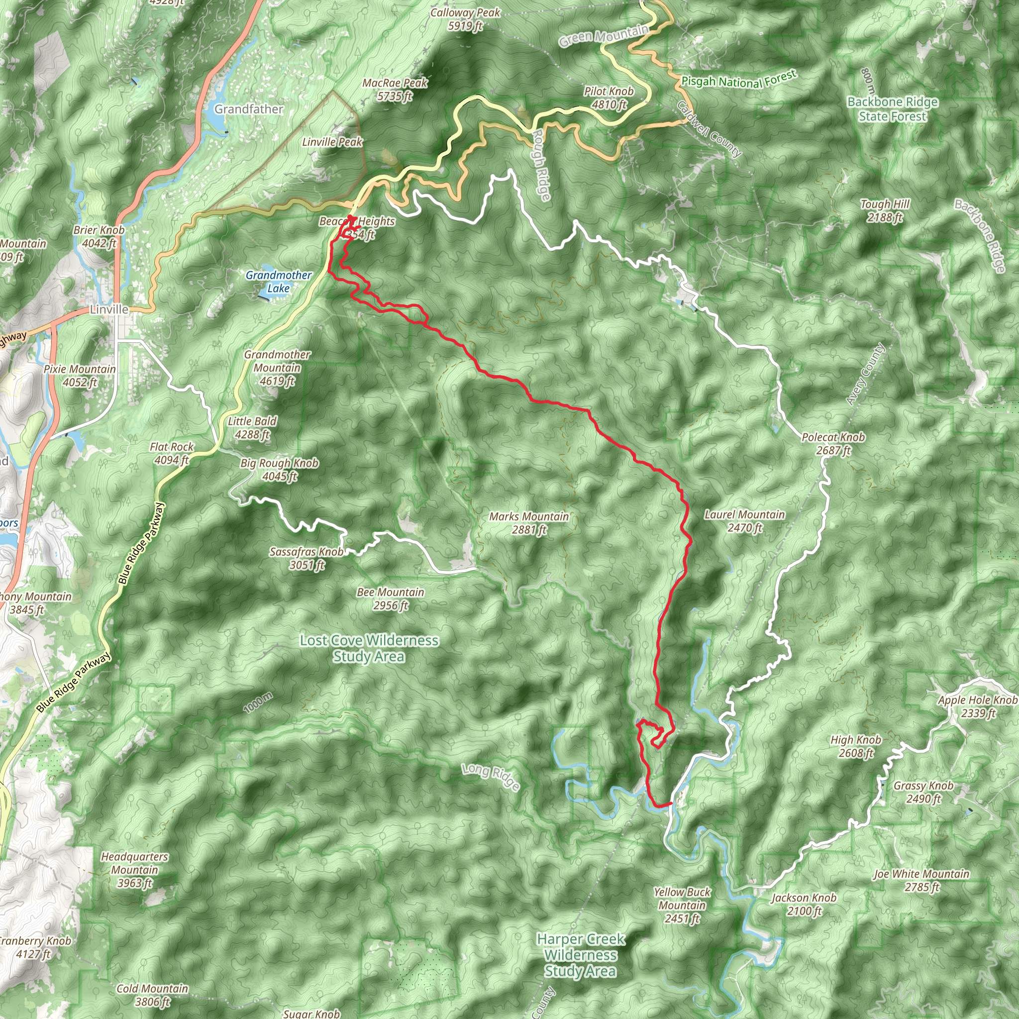 Beacon Heights and Grandmother Gap via Mountains-to-Sea Trail mobile static map
