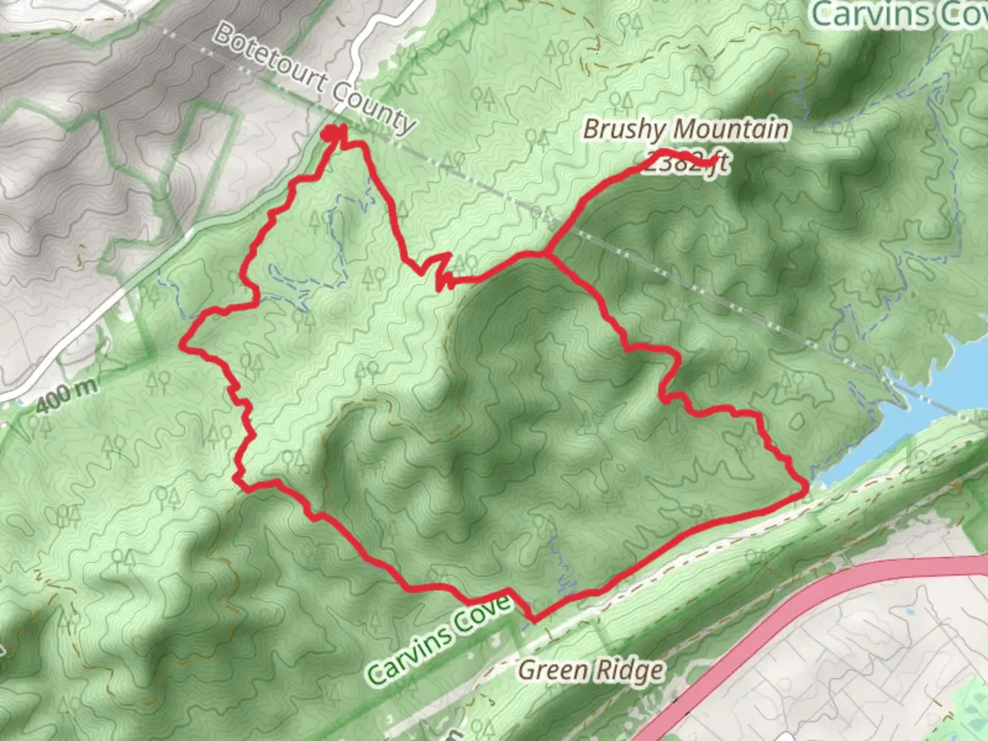 An image depicting the trail Four Gorges, Hi-Dee-Hoe, Brushy Mountain and Buck Loop and its surrounding area.