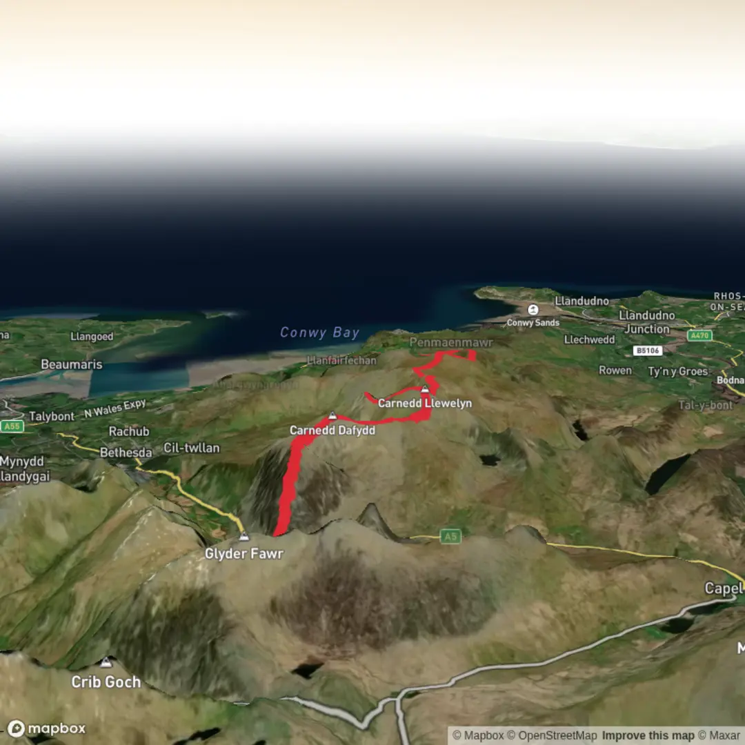 An image depicting the trail Carneddau to Larnfairfechan and its surrounding area.