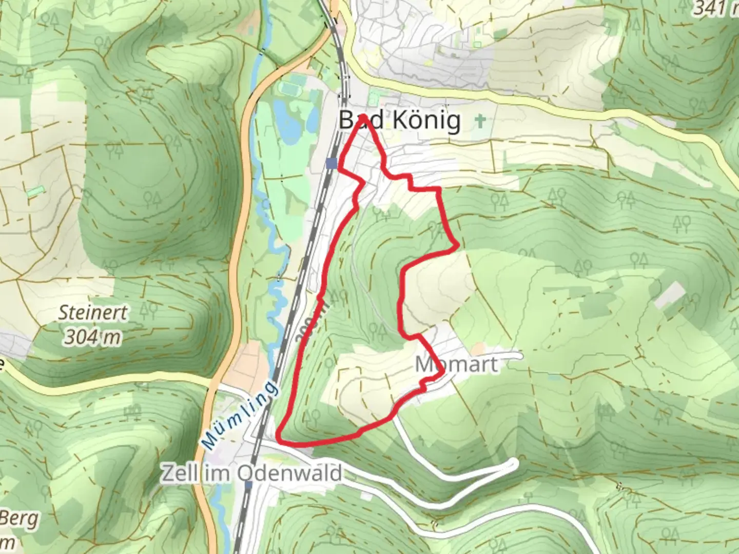 An image depicting the trail Jugenheim Laudenbach and Hessenweg and its surrounding area.