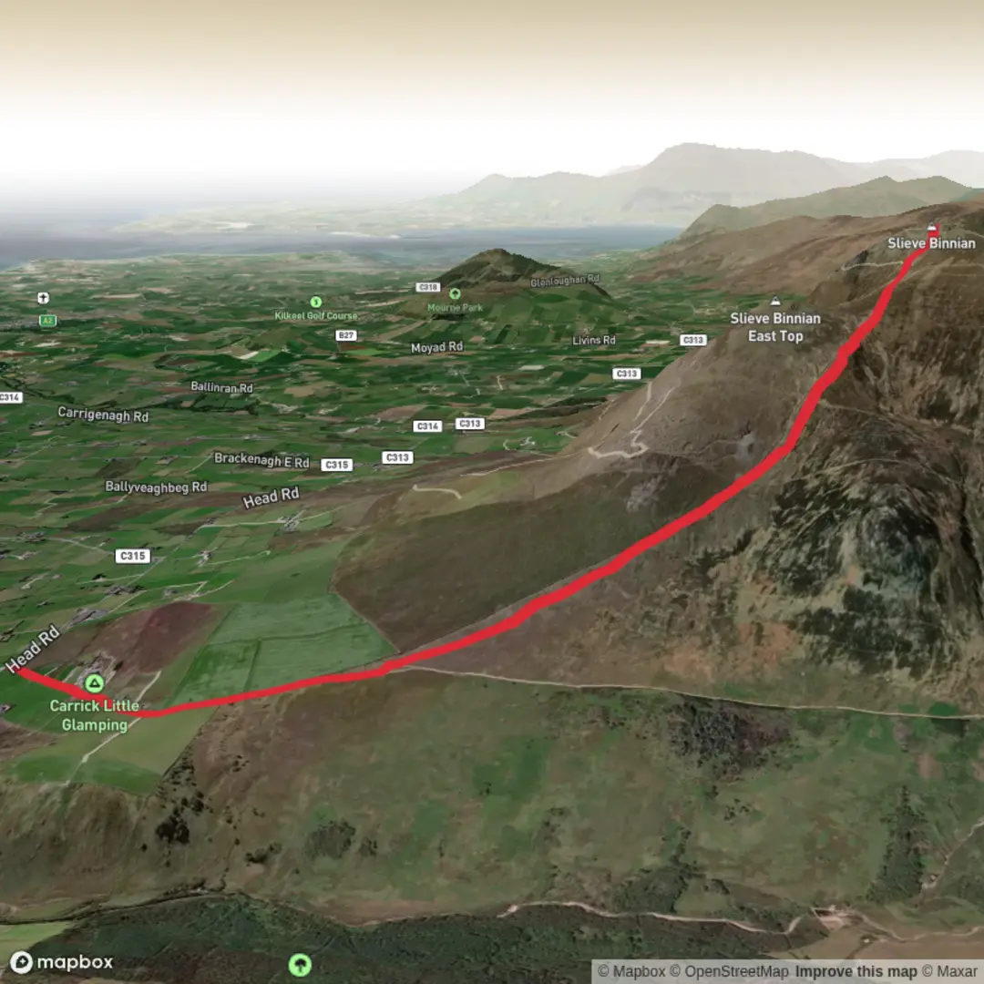 An image depicting the trail Slieve Binnian Out and Back and its surrounding area.