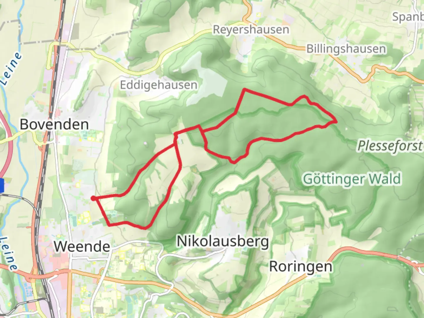 An image depicting the trail Weendenord and Nikolausberger Wald Loop and its surrounding area.