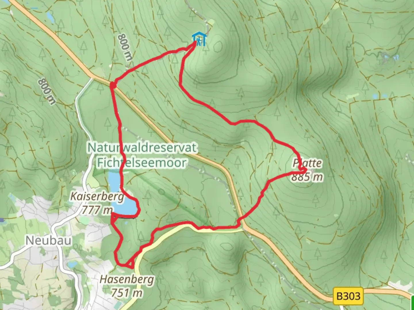 An image depicting the trail Fichteisee via Plattensteig and its surrounding area.