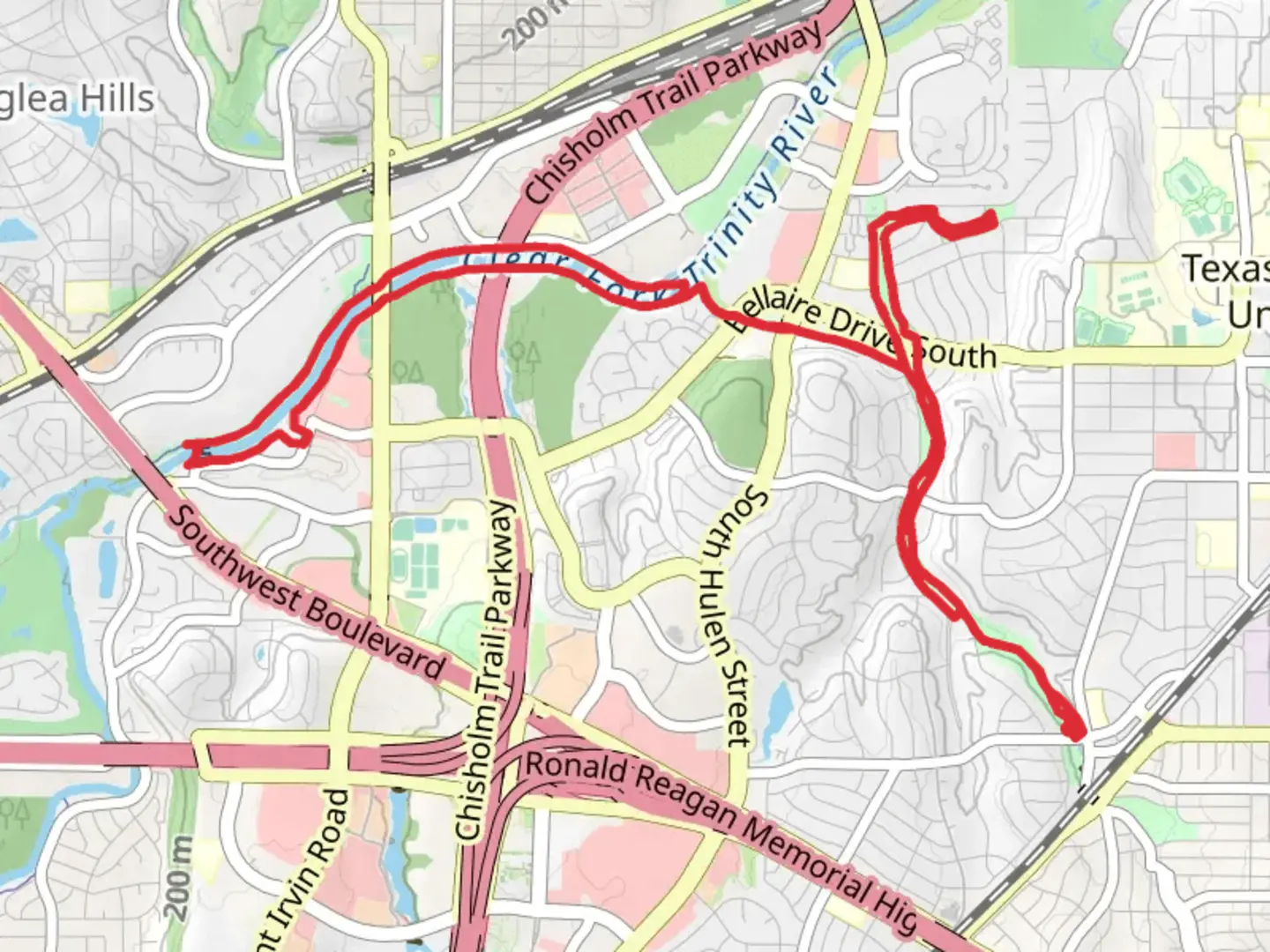 An image depicting the trail Trinity Trail via Foster Park, Overton Park and Clear Fork Trinity River and its surrounding area.