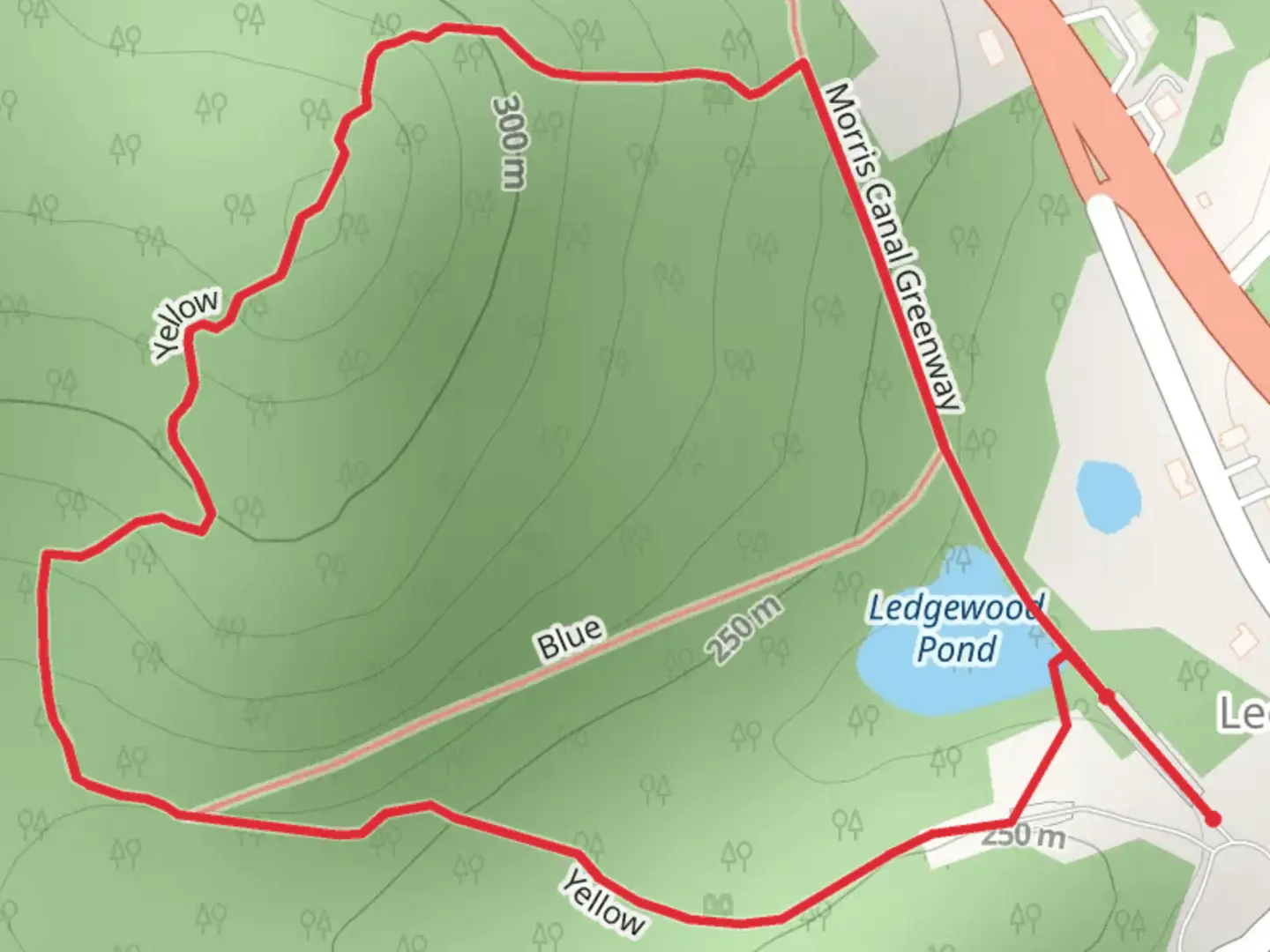 An image depicting the trail Morris Canal Greenway and Yellow-Blue Loop Trail and its surrounding area.