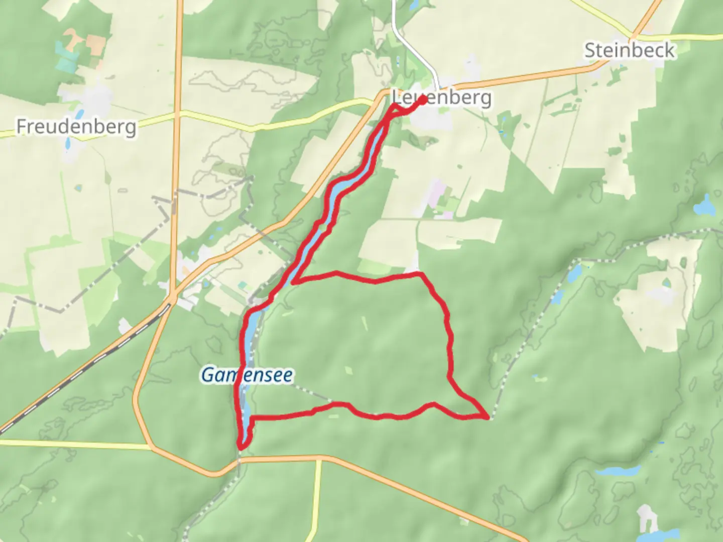 An image depicting the trail Langer Haussee and Gamensee Loop and its surrounding area.