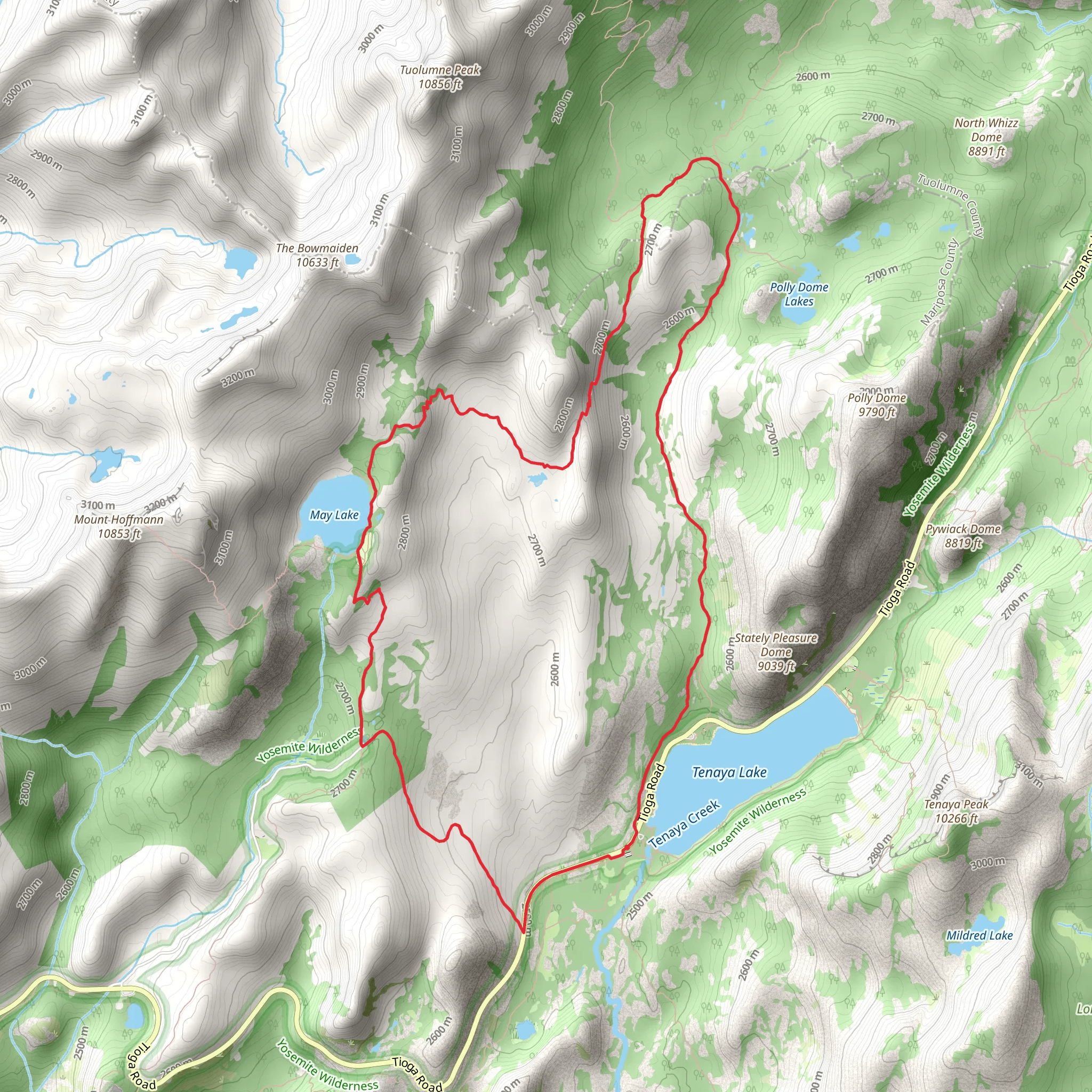 Tenaya Lake - May Lake - Raisins Lakes Loop mobile static map