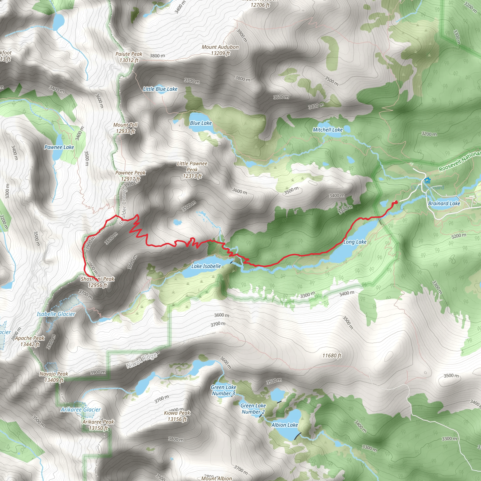 Long Lake, Lake Isabelle and Shoshoni Peak via Pawnee Pass Trail mobile static map