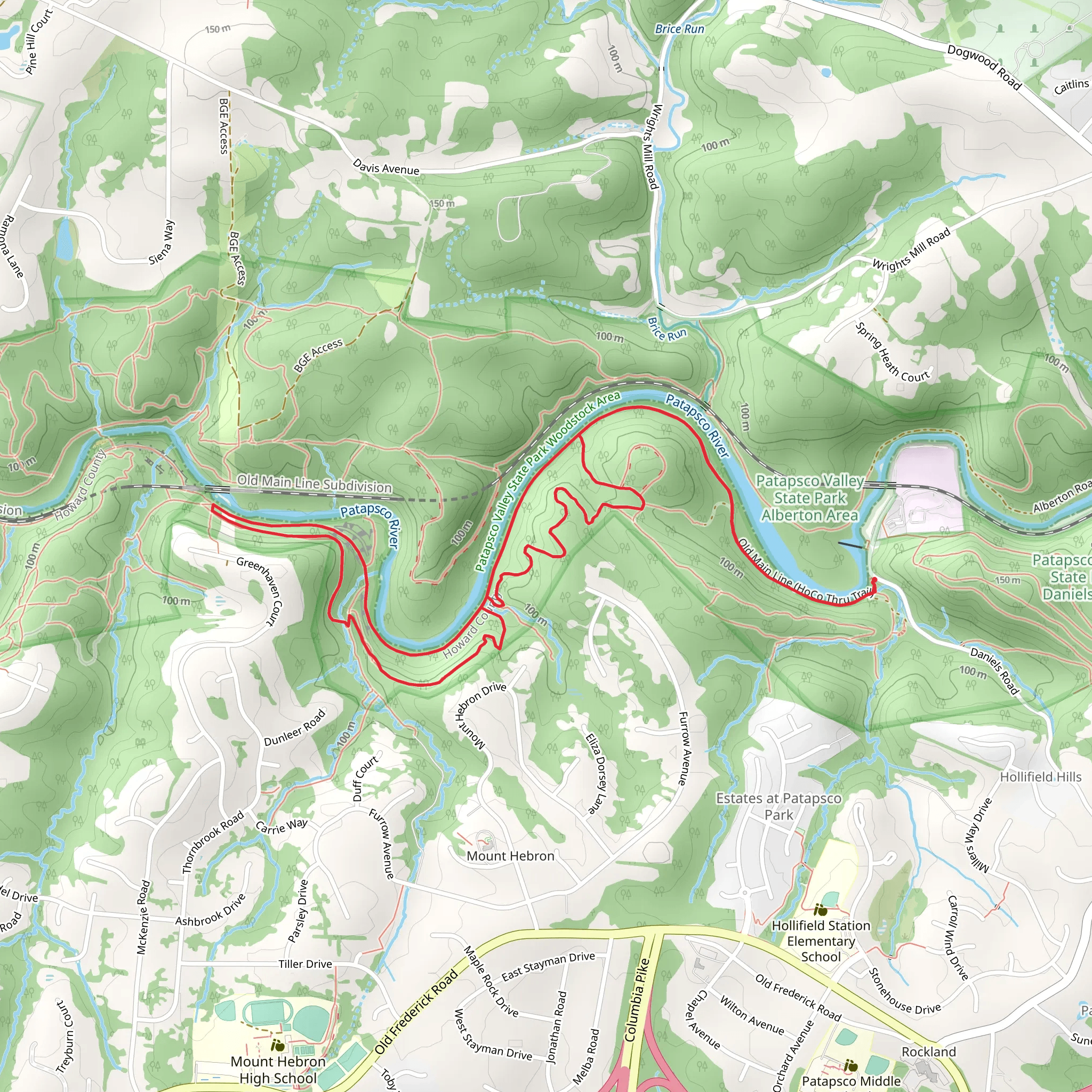 Patapsco Howard County Thru and Daniel's Singletrack Loop Trail mobile static map