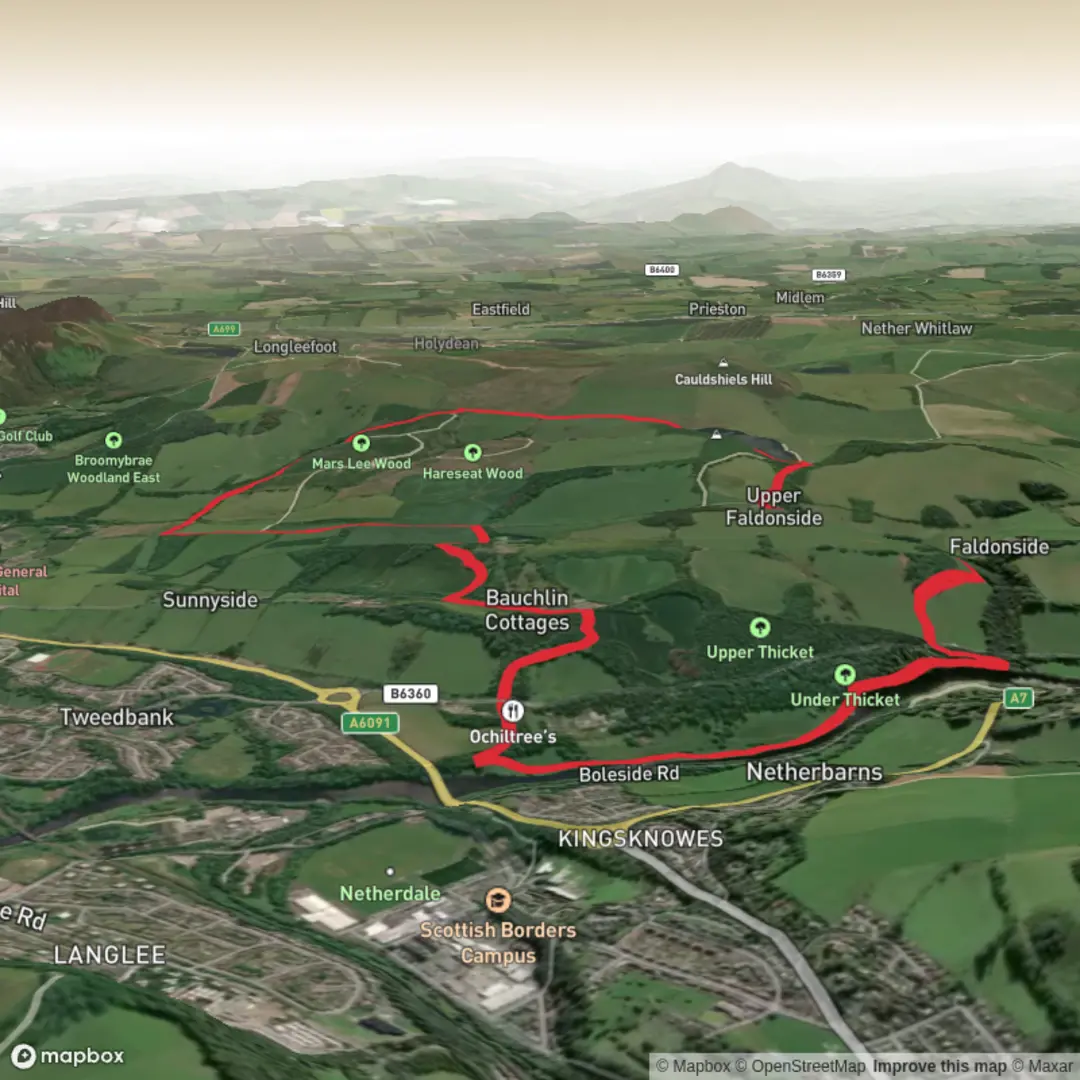 An image depicting the trail Faldonside Loch, Cauldshiels Loch and Mars Lee Wood Loop and its surrounding area.
