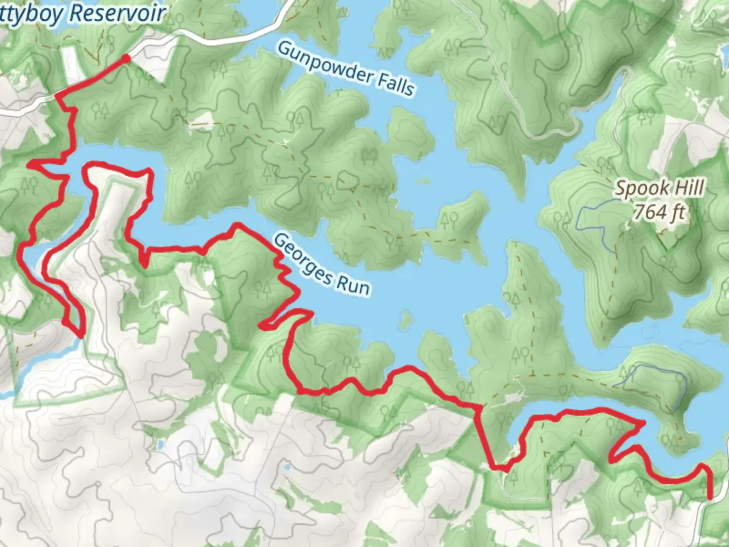 An image depicting the trail Prettyboy Reservoir South Shore Walk and its surrounding area.