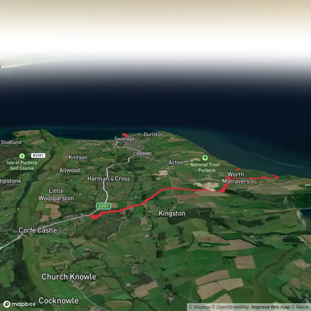 An image depicting the trail Corfe to Swanage via Seacombe Cliff, Compass and Durlston Head and its surrounding area.